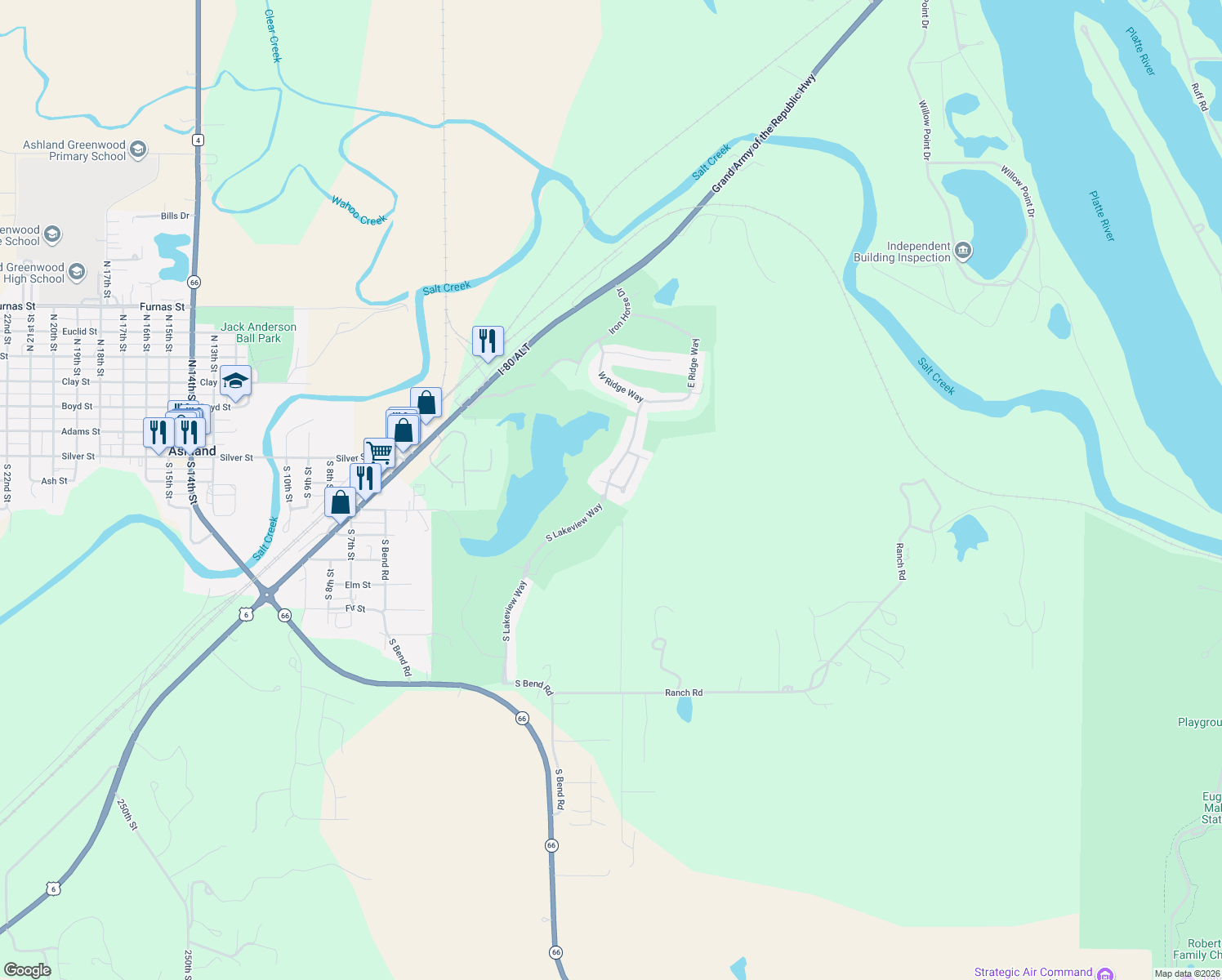 map of restaurants, bars, coffee shops, grocery stores, and more near 170 South Lakeview Way in Ashland