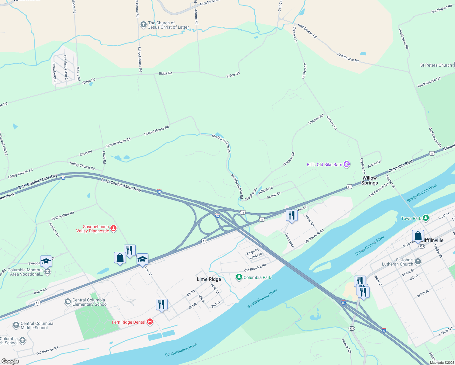 map of restaurants, bars, coffee shops, grocery stores, and more near 3 Glenwood Dr in Bloomsburg