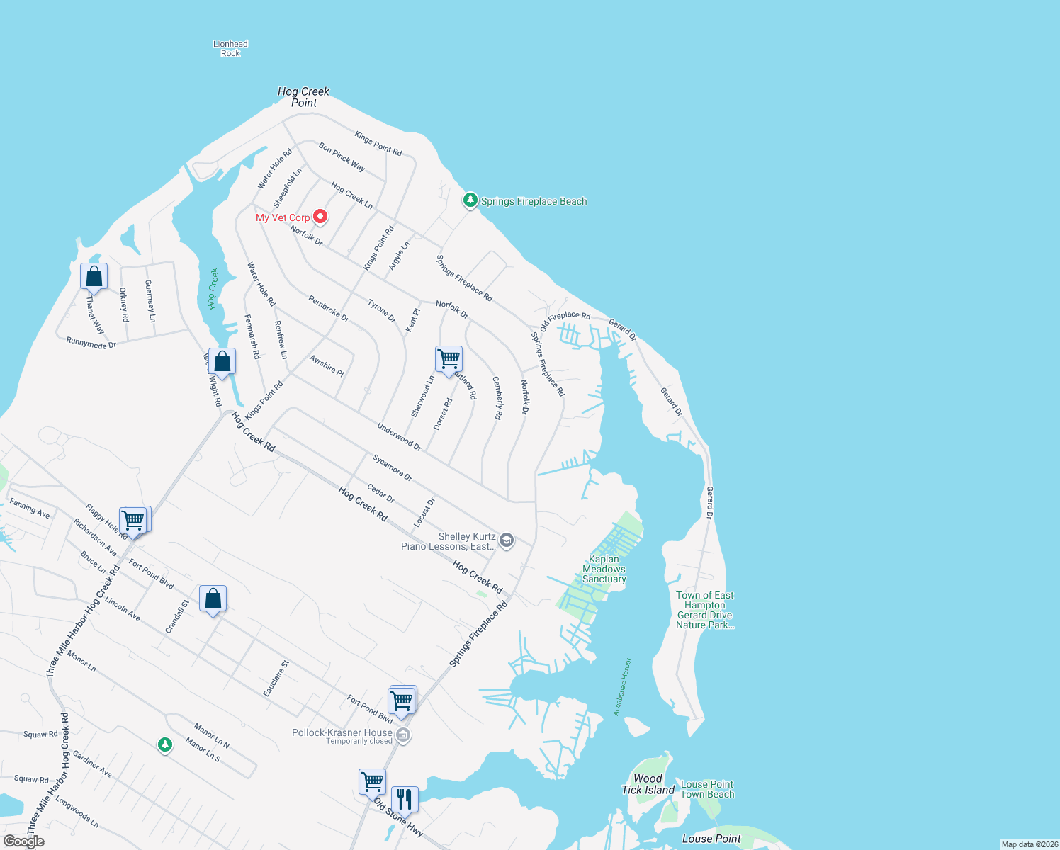 map of restaurants, bars, coffee shops, grocery stores, and more near 239 Norfolk Drive in East Hampton