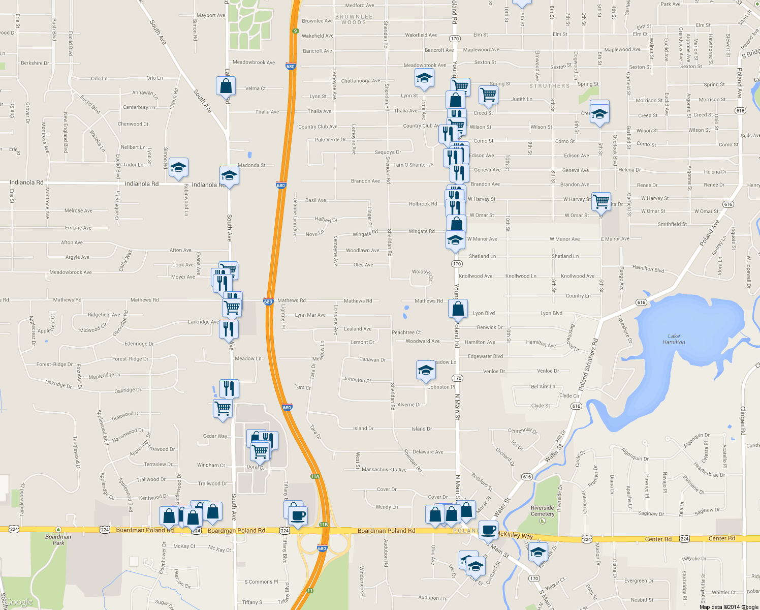 map of restaurants, bars, coffee shops, grocery stores, and more near 1887 Mathews Rd in Youngstown