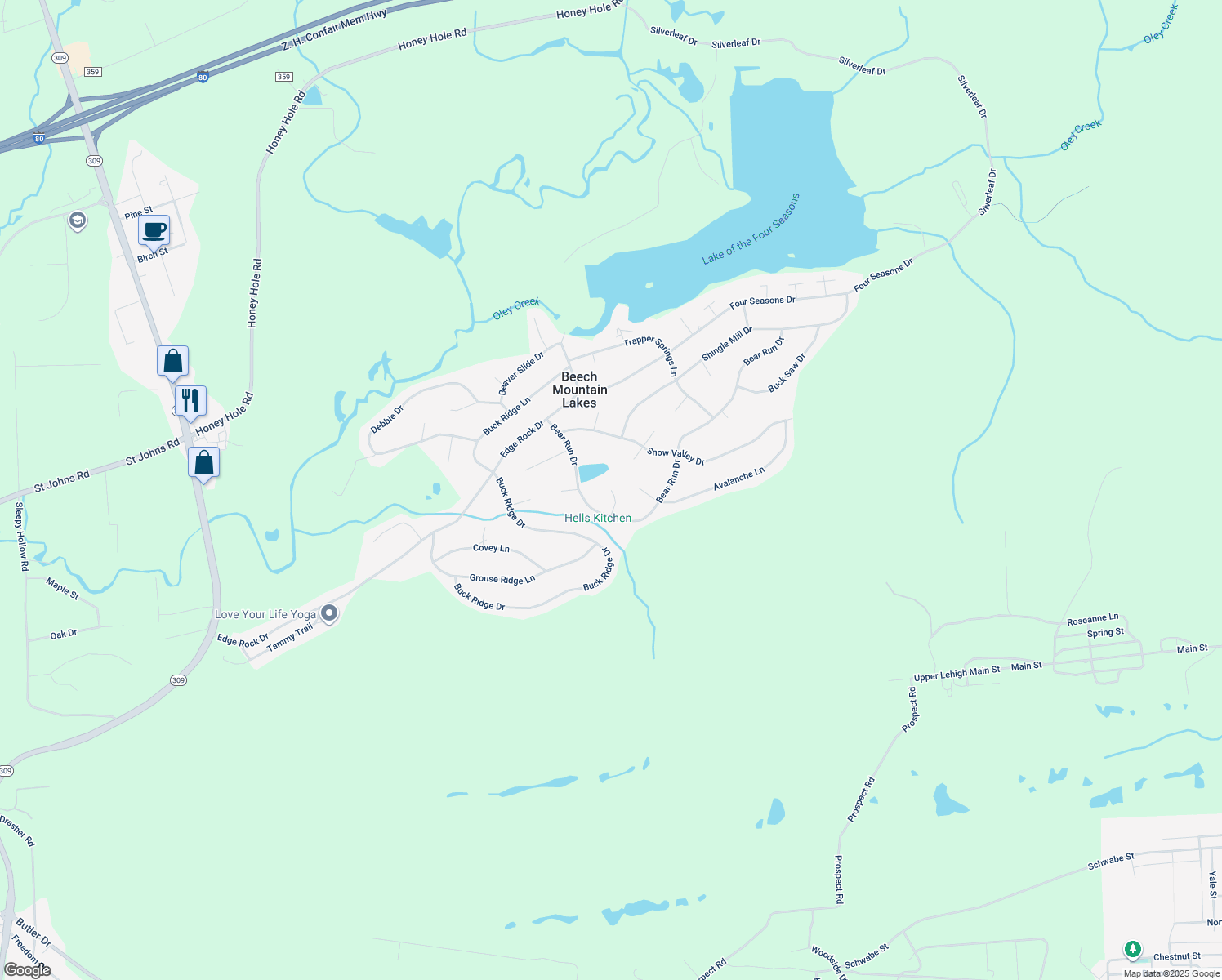 map of restaurants, bars, coffee shops, grocery stores, and more near Honey Stump Circle in Drums