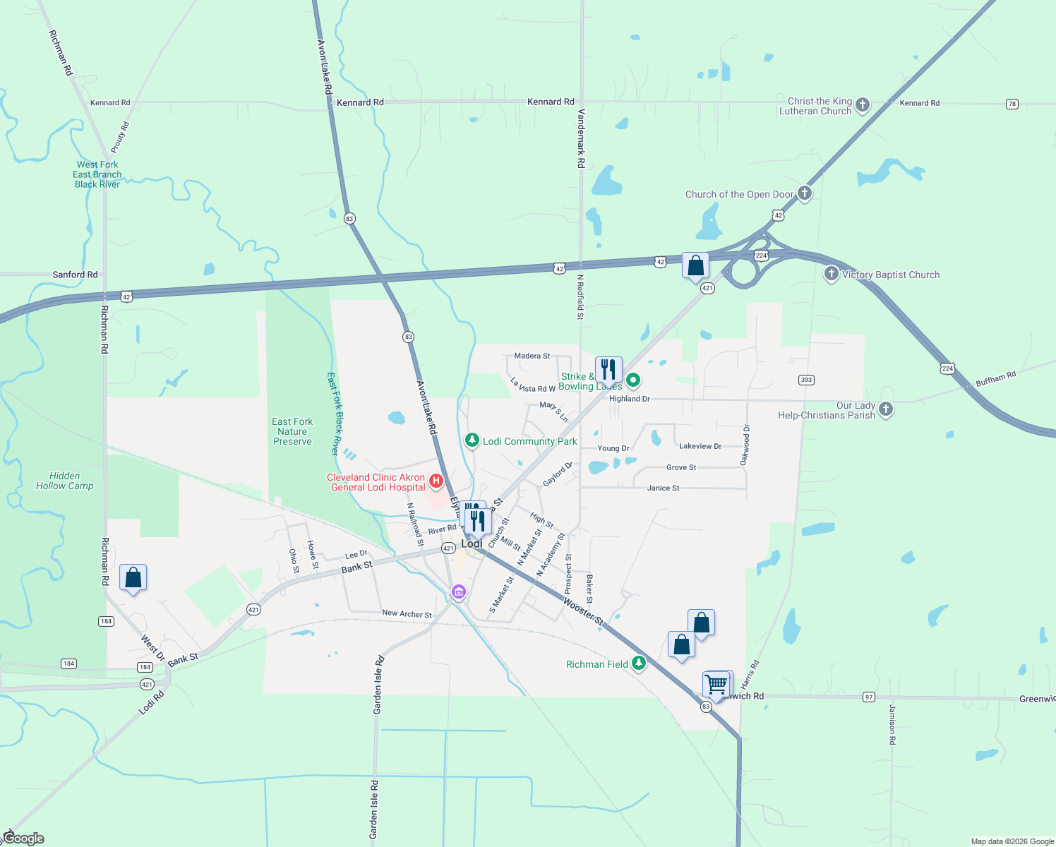map of restaurants, bars, coffee shops, grocery stores, and more near 432 Lisa Drive in Lodi