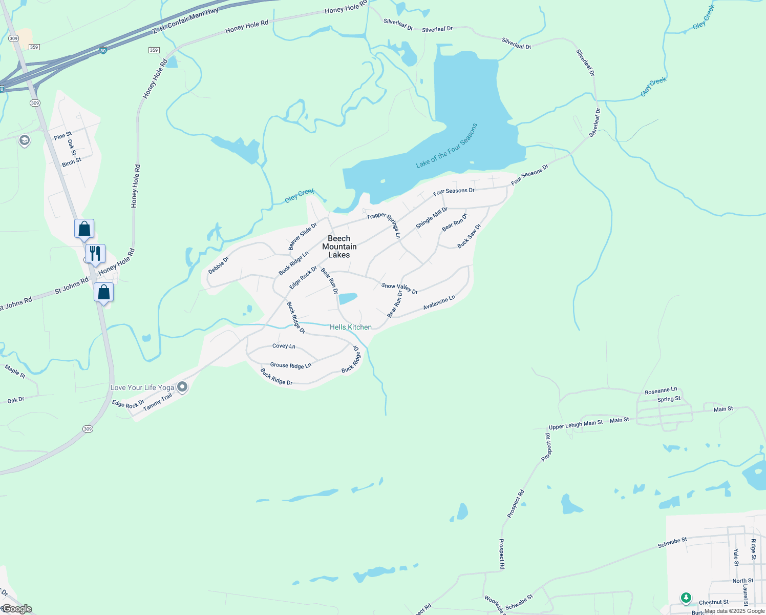 map of restaurants, bars, coffee shops, grocery stores, and more near 210 Bear Run Drive in Drums
