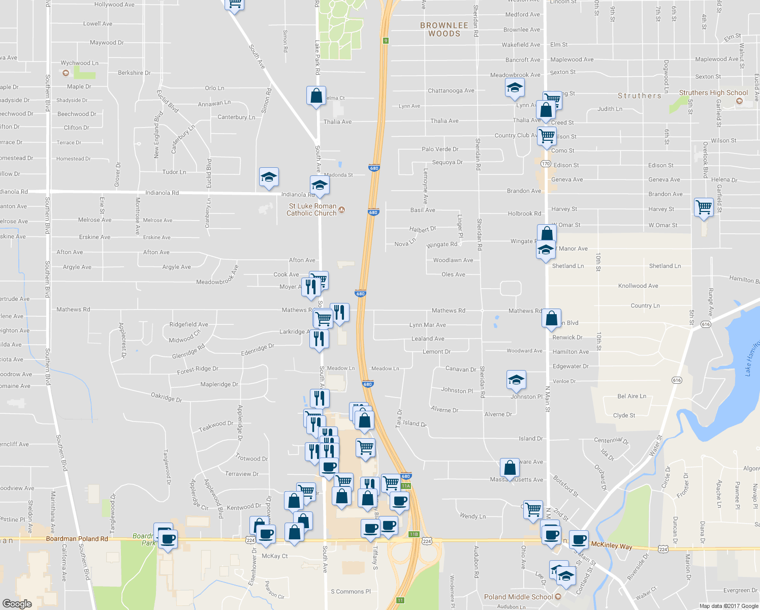 map of restaurants, bars, coffee shops, grocery stores, and more near 1322 Mathews Road in Youngstown
