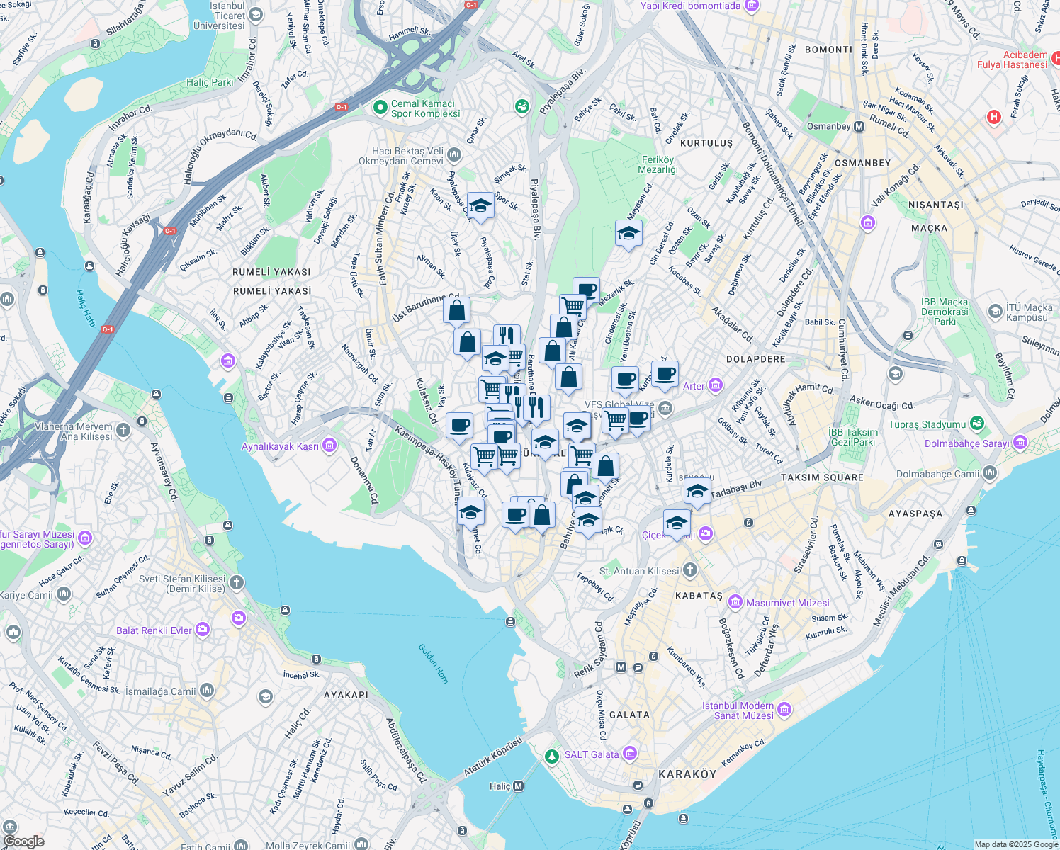 map of restaurants, bars, coffee shops, grocery stores, and more near 14 Piyalepaşa Bulvarı in Beyoğlu