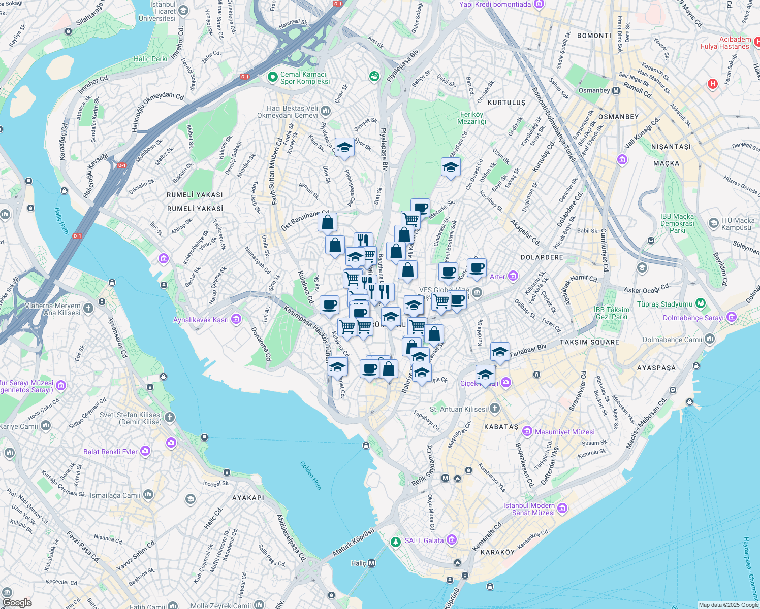 map of restaurants, bars, coffee shops, grocery stores, and more near 14 Piyalepaşa Bulvarı in Beyoğlu