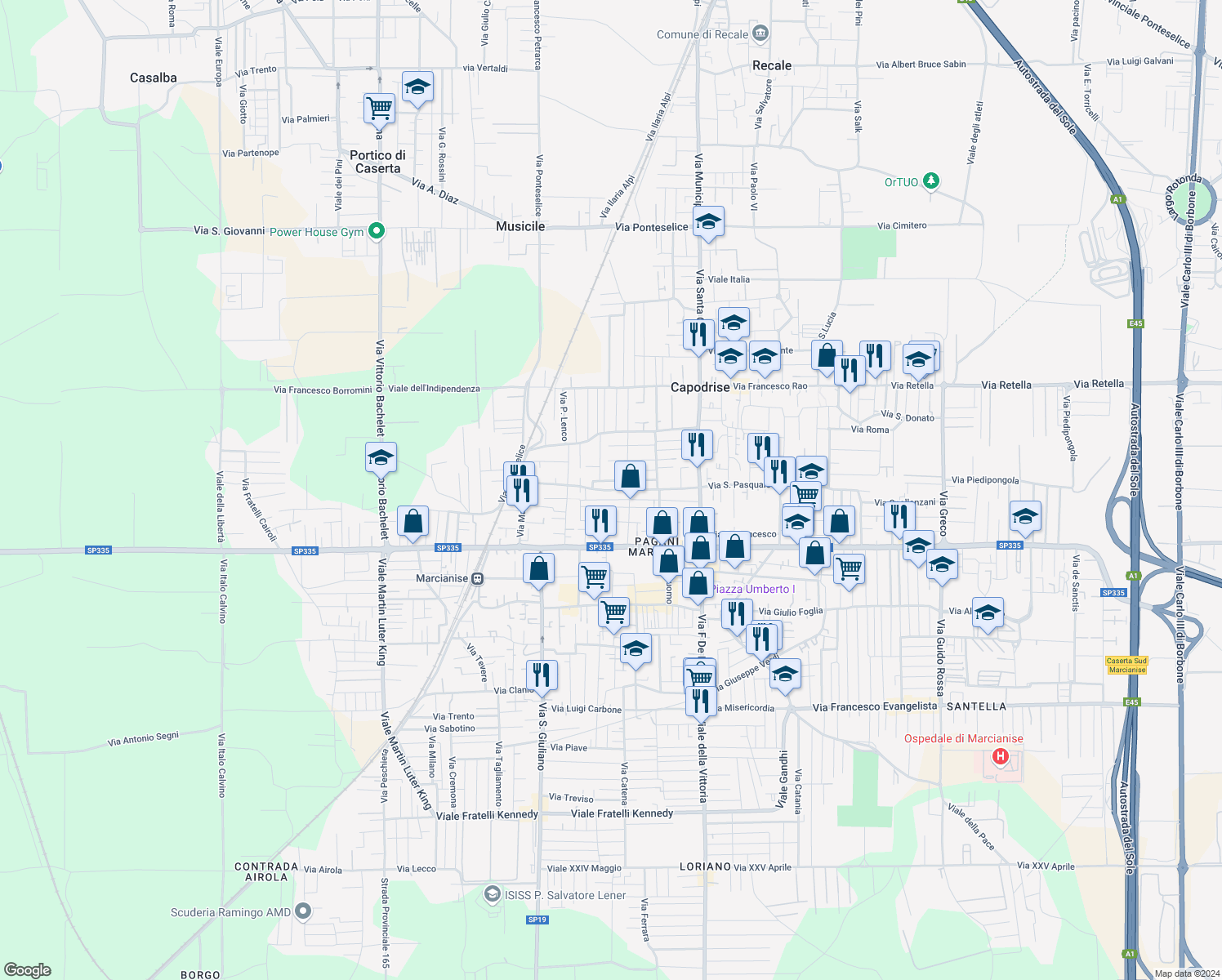 map of restaurants, bars, coffee shops, grocery stores, and more near 28 Via Massimo Gaglione in Marcianise