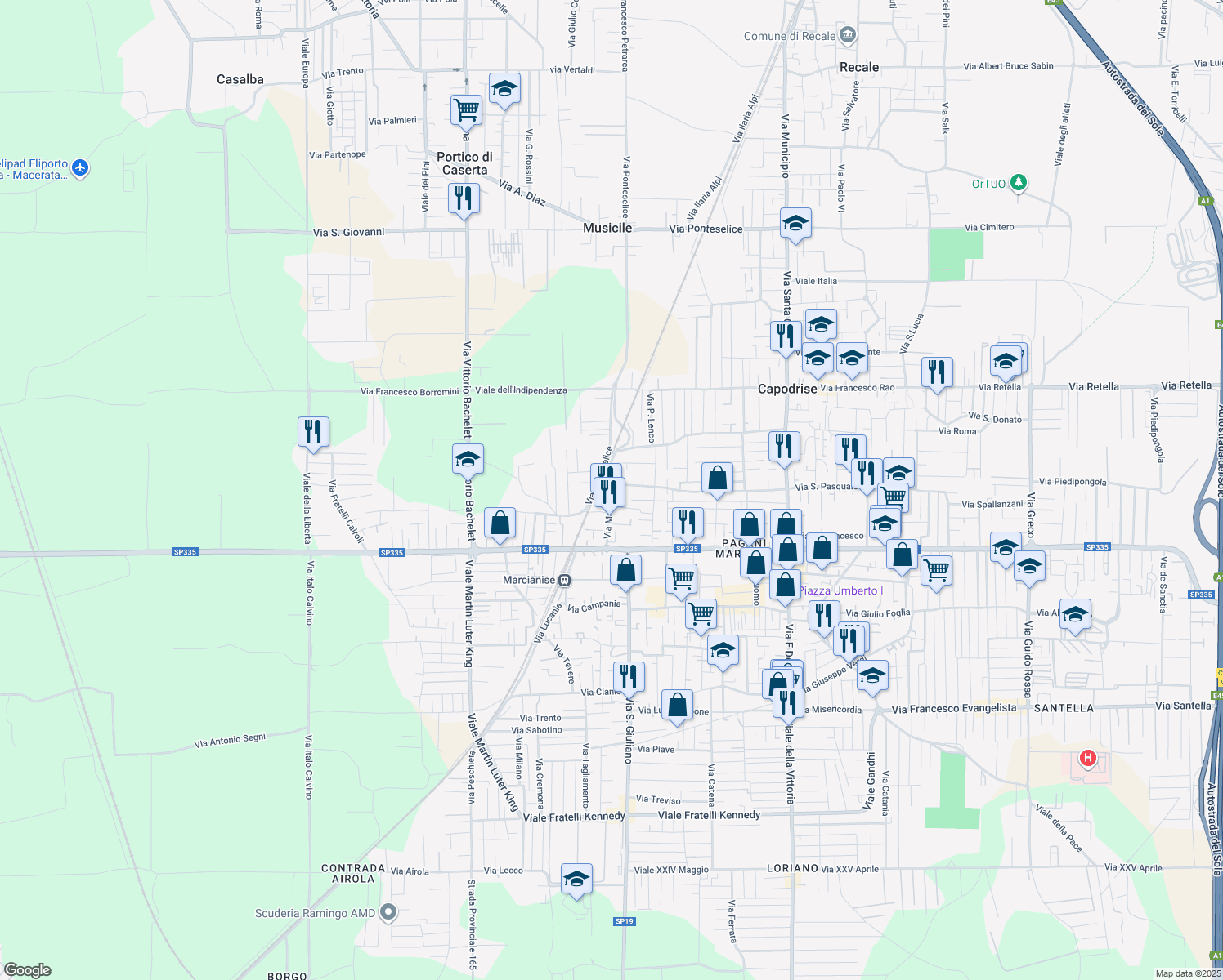 map of restaurants, bars, coffee shops, grocery stores, and more near 112 Via Marte in Marcianise