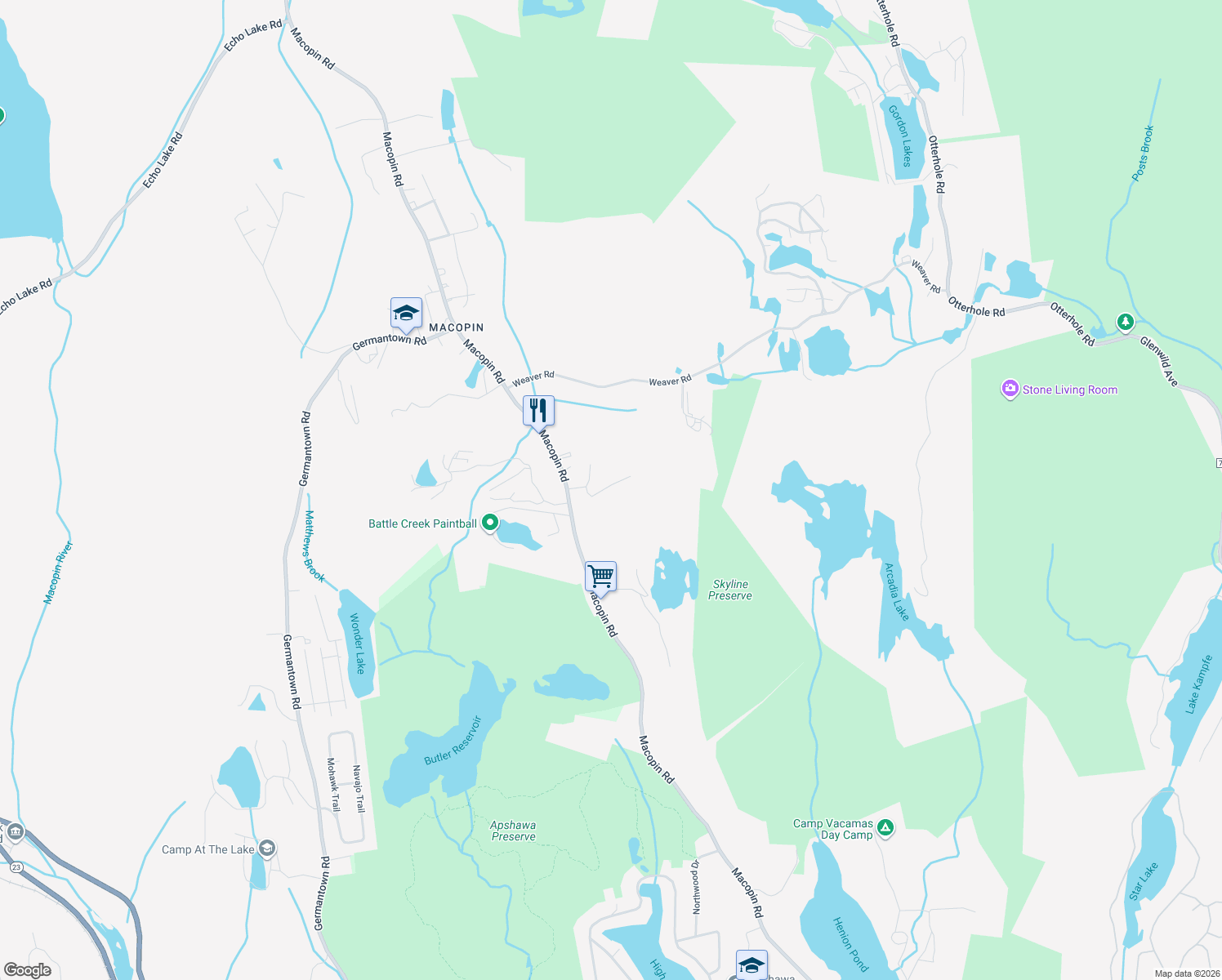 map of restaurants, bars, coffee shops, grocery stores, and more near 638 Macopin Road in West Milford