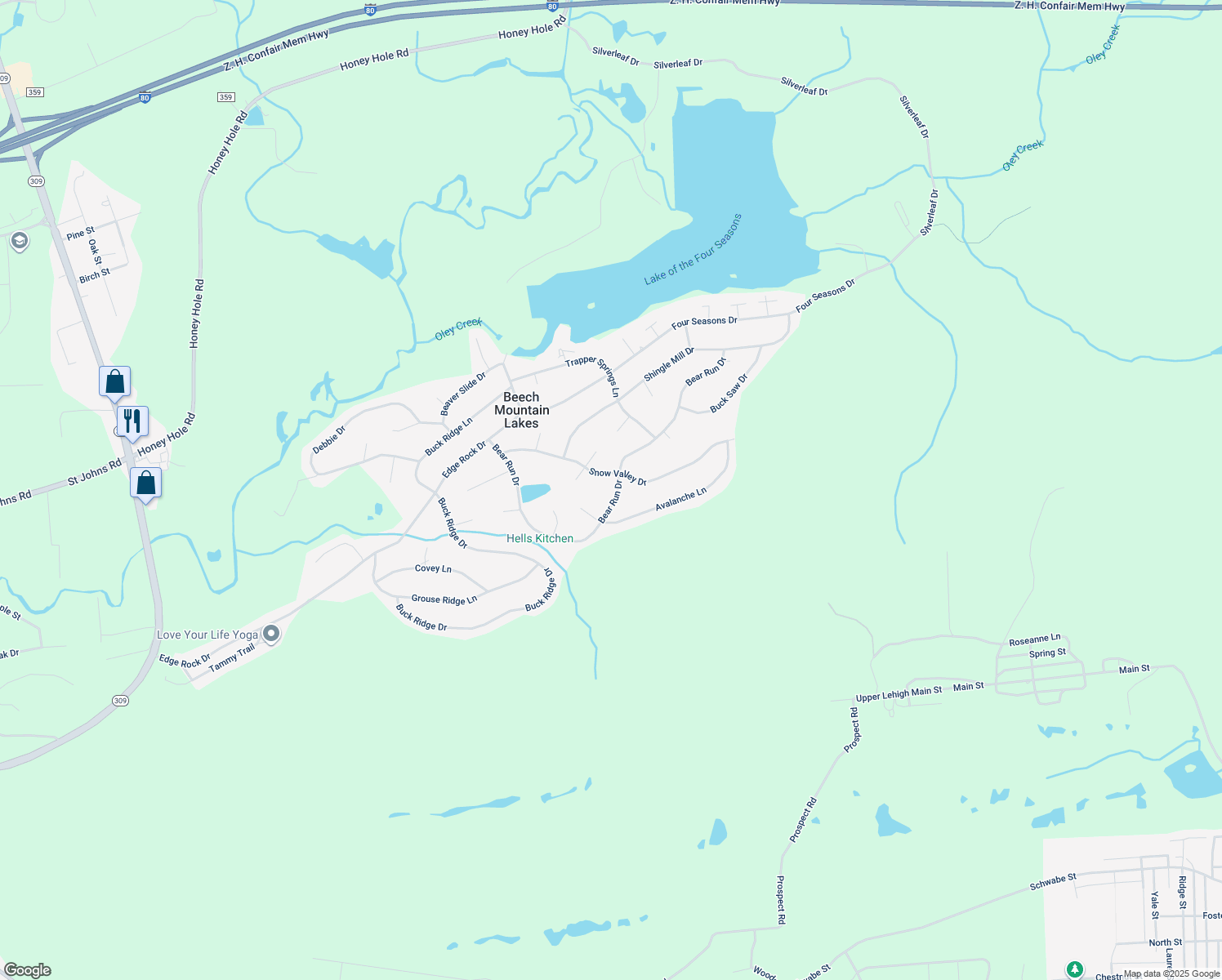 map of restaurants, bars, coffee shops, grocery stores, and more near 210 Bear Run Drive in Drums