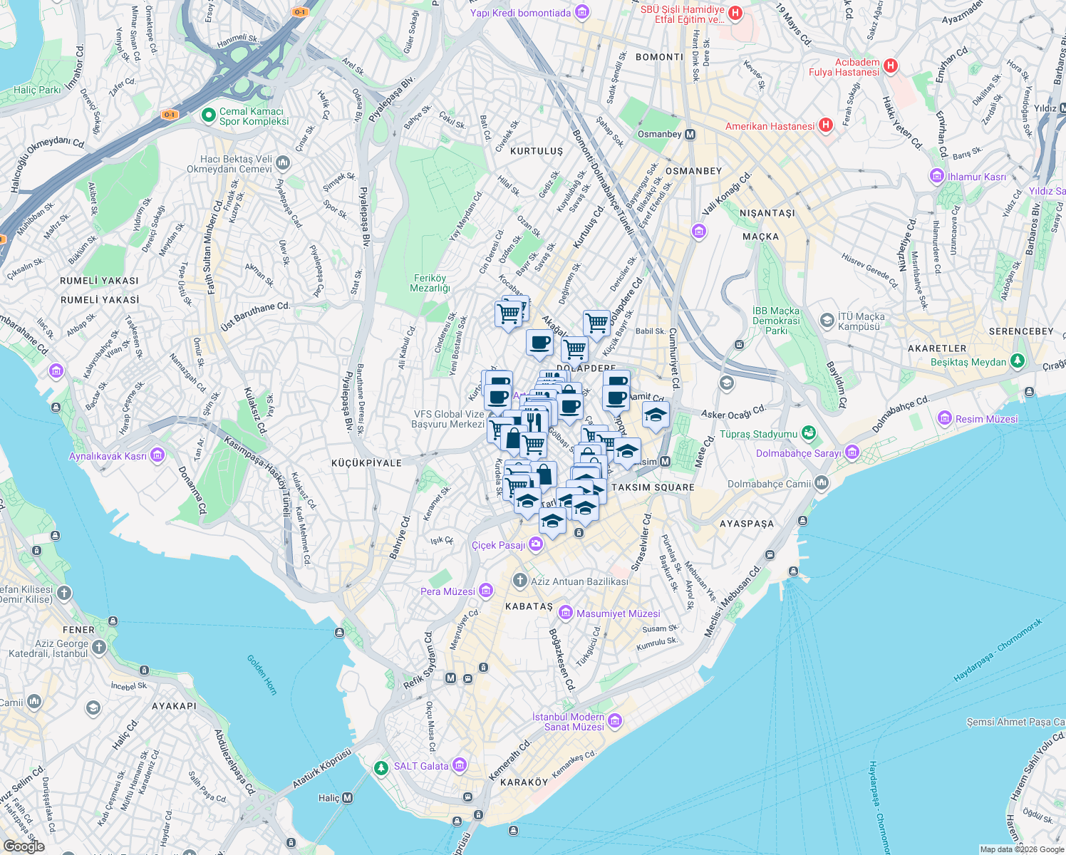 map of restaurants, bars, coffee shops, grocery stores, and more near No:25 Kaskaval Sokak in Beyoğlu
