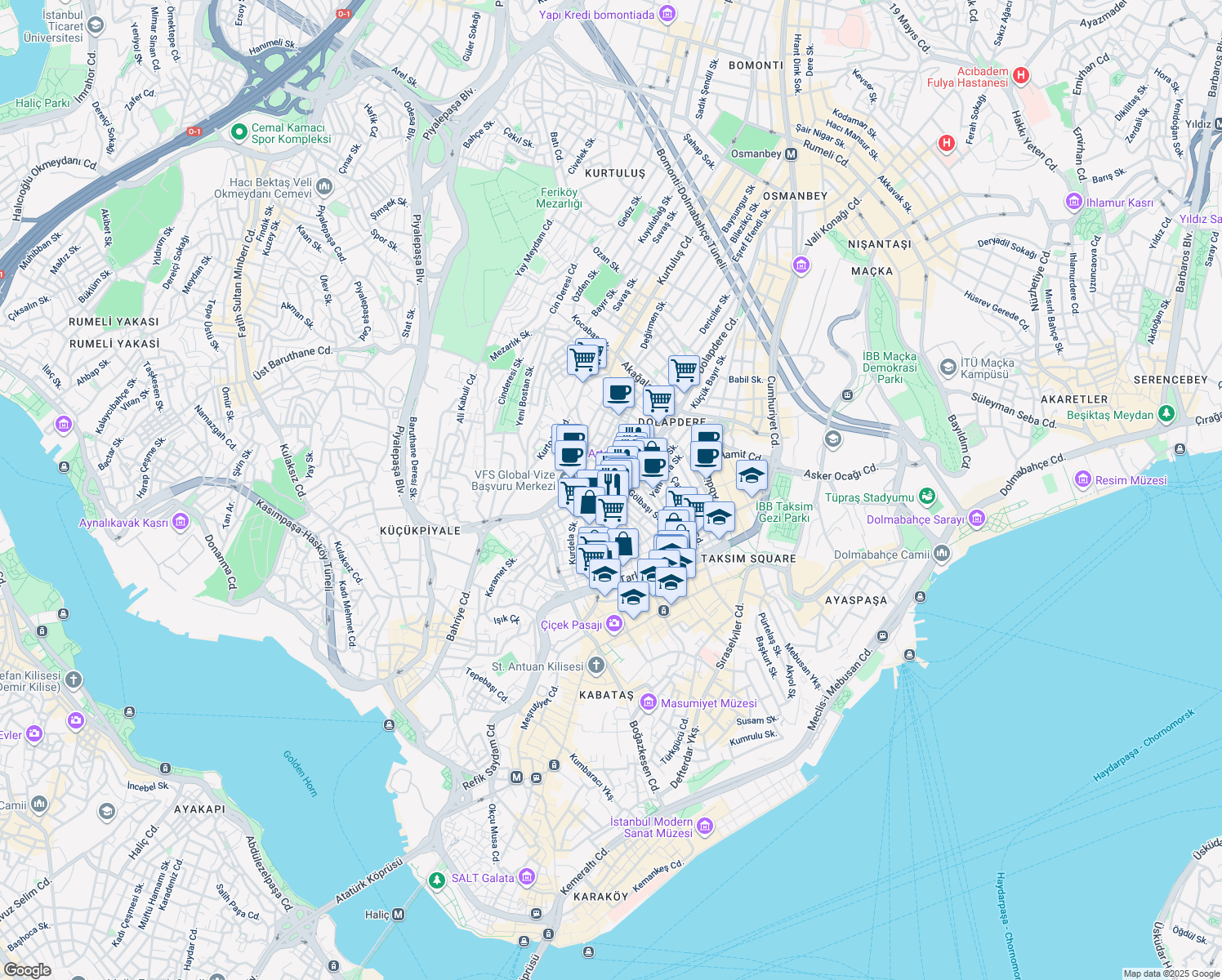 map of restaurants, bars, coffee shops, grocery stores, and more near No:25 Kaskaval Sokak in Beyoğlu