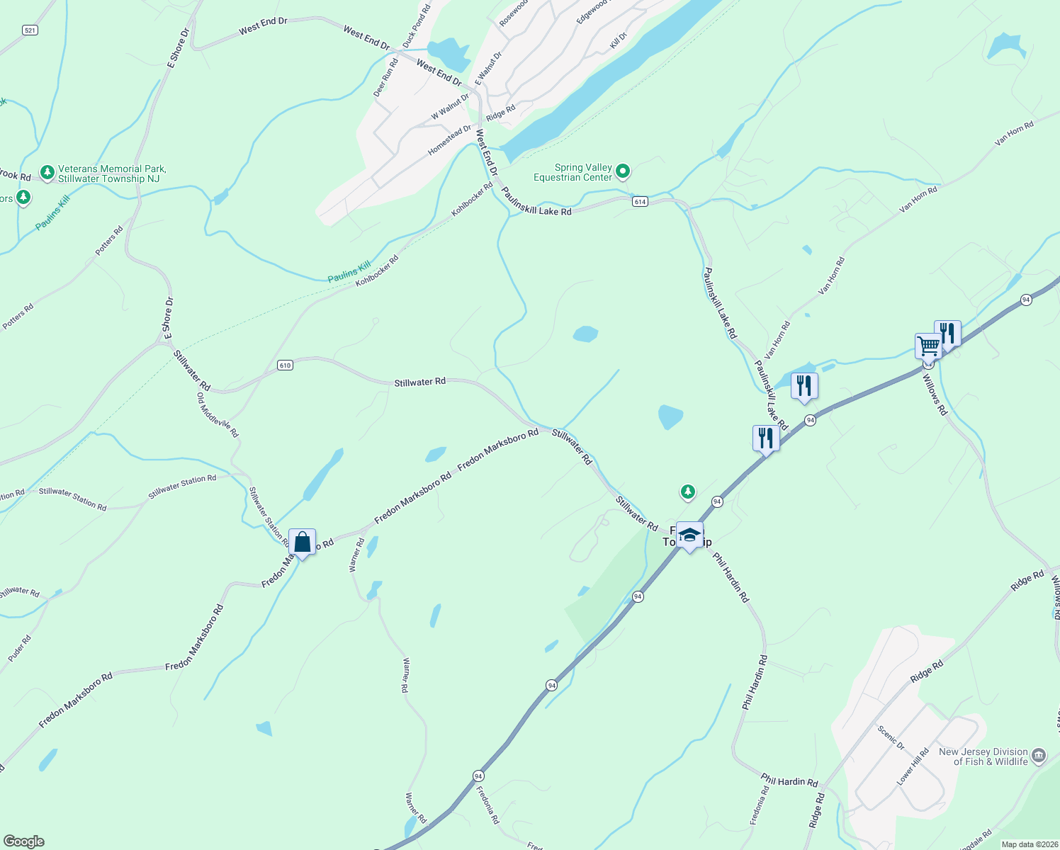 map of restaurants, bars, coffee shops, grocery stores, and more near 32-42 Stillwater Road in Fredon Township