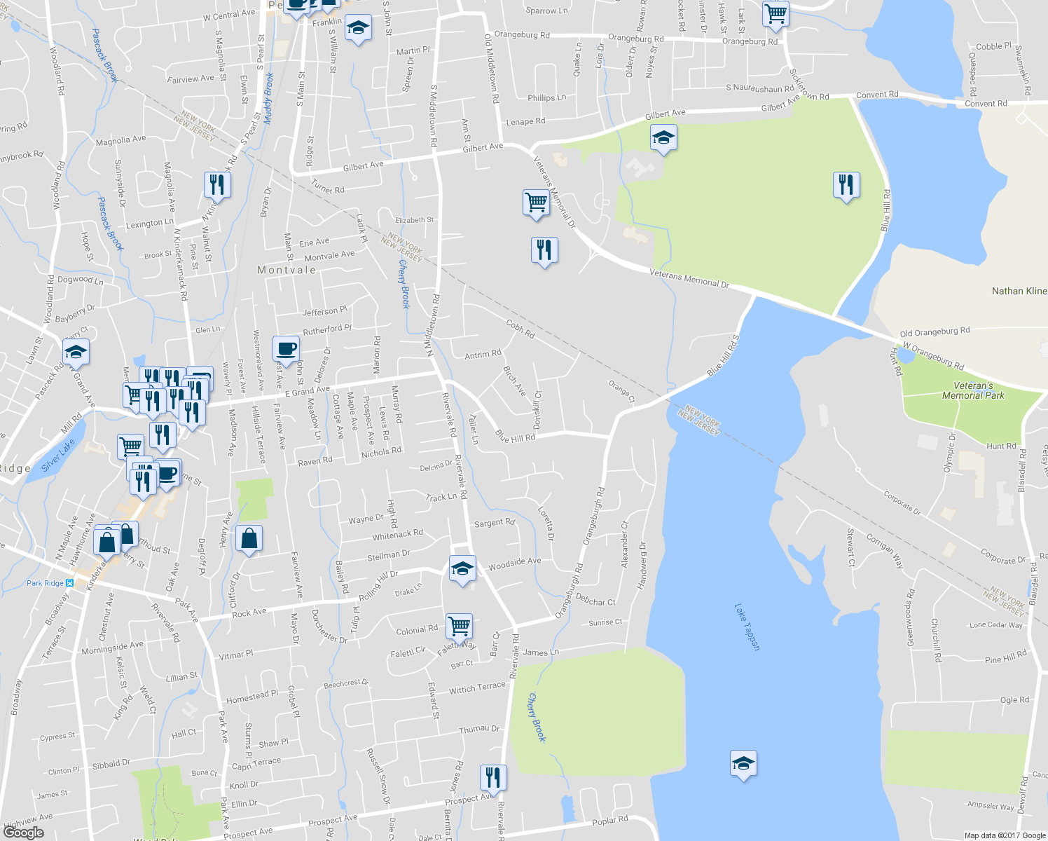 map of restaurants, bars, coffee shops, grocery stores, and more near 651 Long Hill Road in River Vale