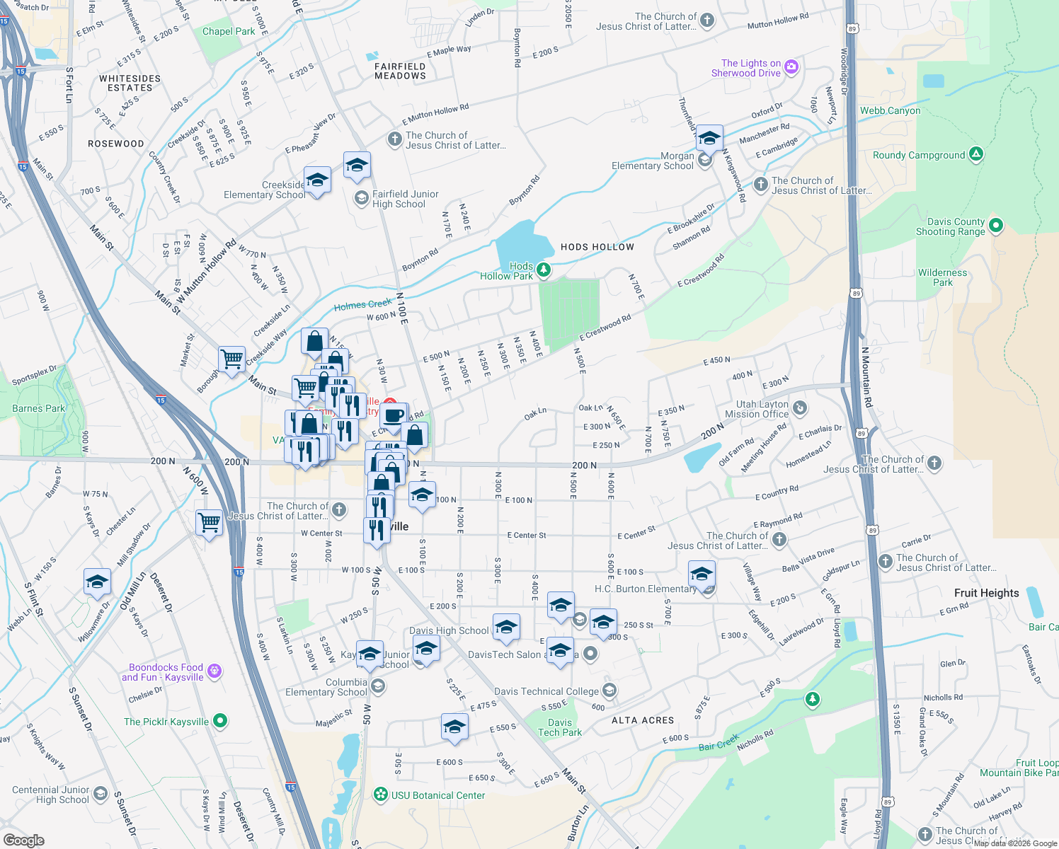 map of restaurants, bars, coffee shops, grocery stores, and more near 360 Oak Ln in Kaysville