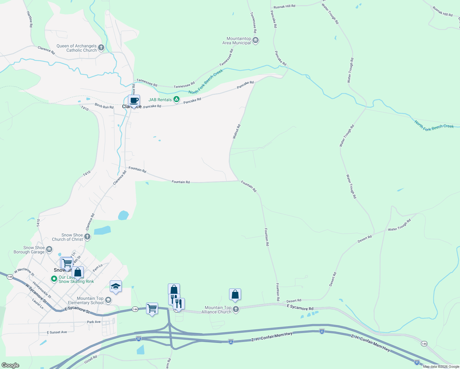 map of restaurants, bars, coffee shops, grocery stores, and more near 229 Fountain Road in Snow Shoe