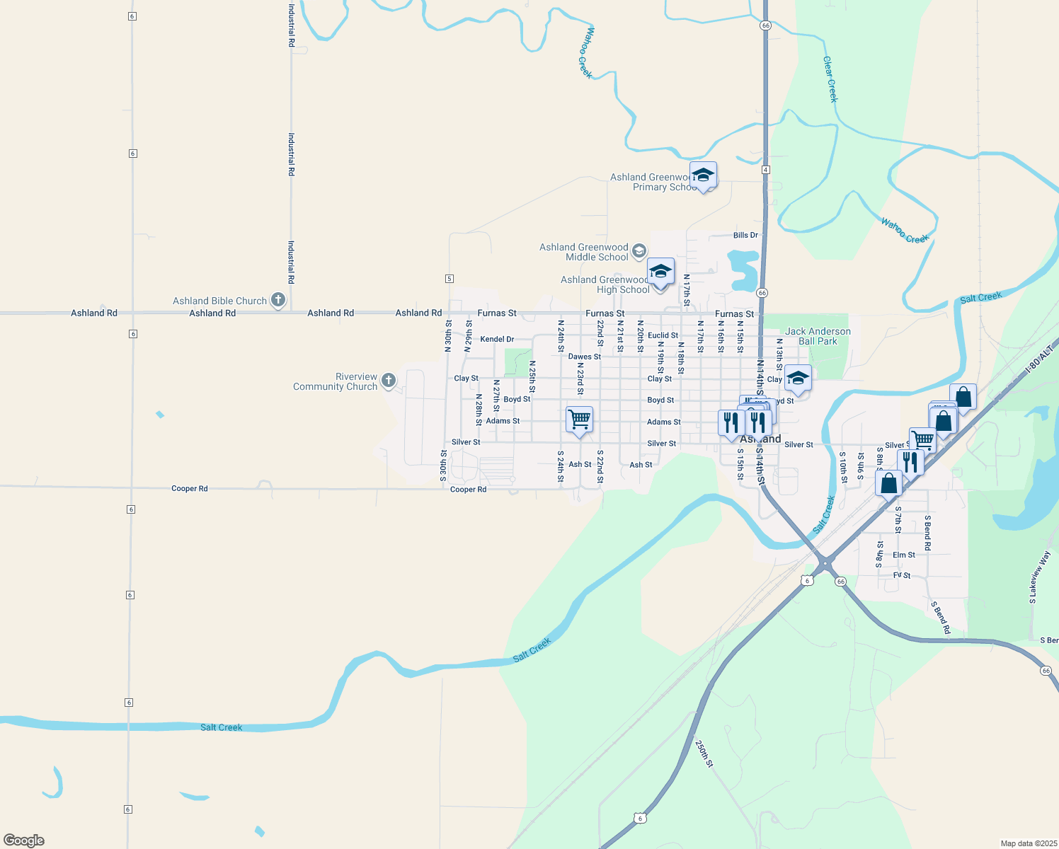 map of restaurants, bars, coffee shops, grocery stores, and more near 108 North 25th Street in Ashland