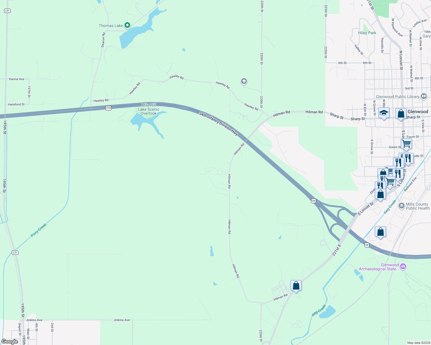 map of restaurants, bars, coffee shops, grocery stores, and more near 58492 Hilman Road in Glenwood
