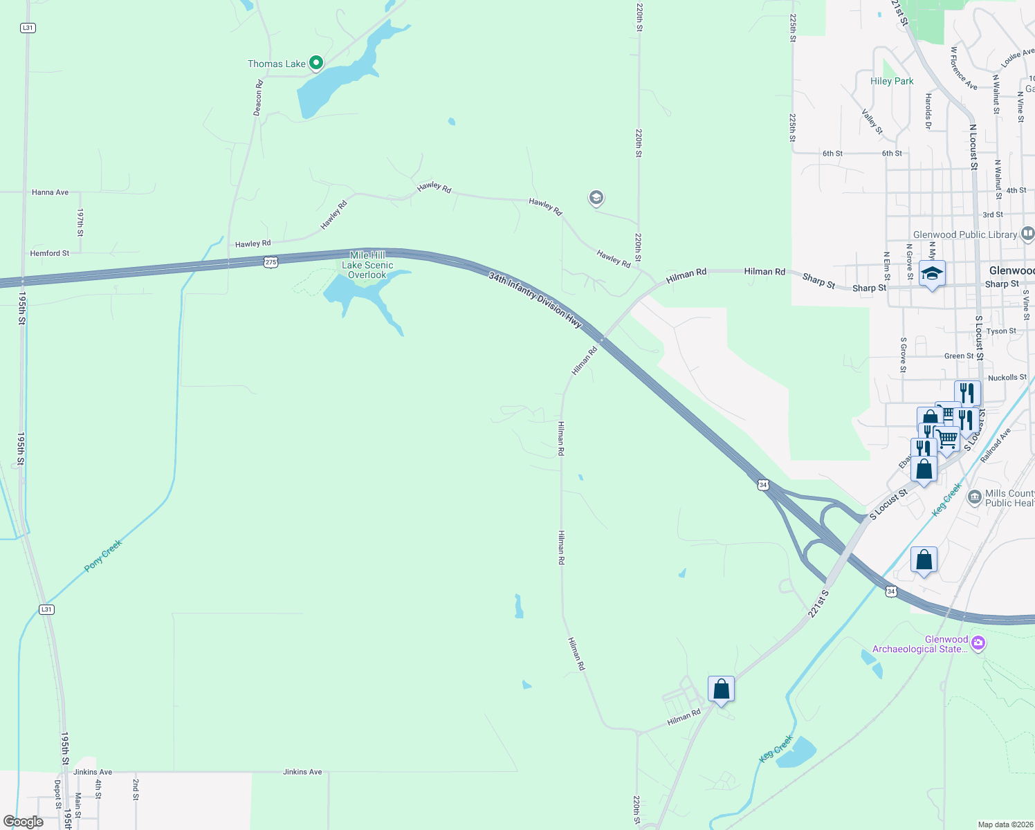 map of restaurants, bars, coffee shops, grocery stores, and more near 58492 Hilman Road in Glenwood