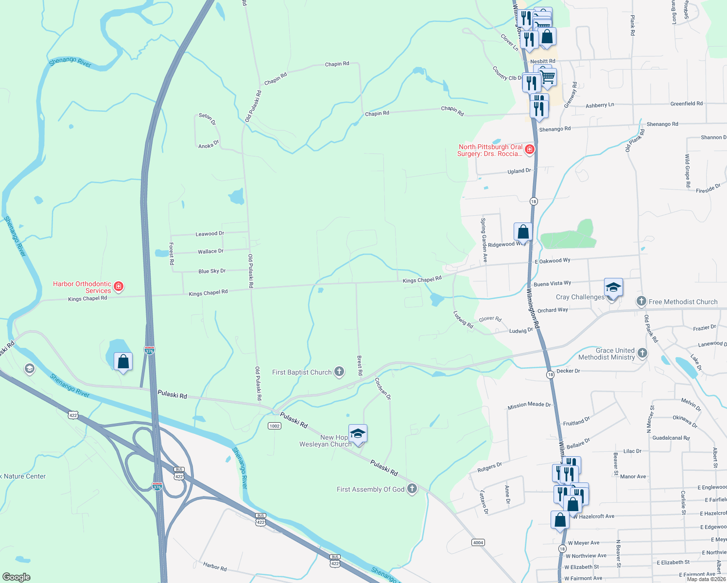 map of restaurants, bars, coffee shops, grocery stores, and more near 349 Presnar Drive in New Castle