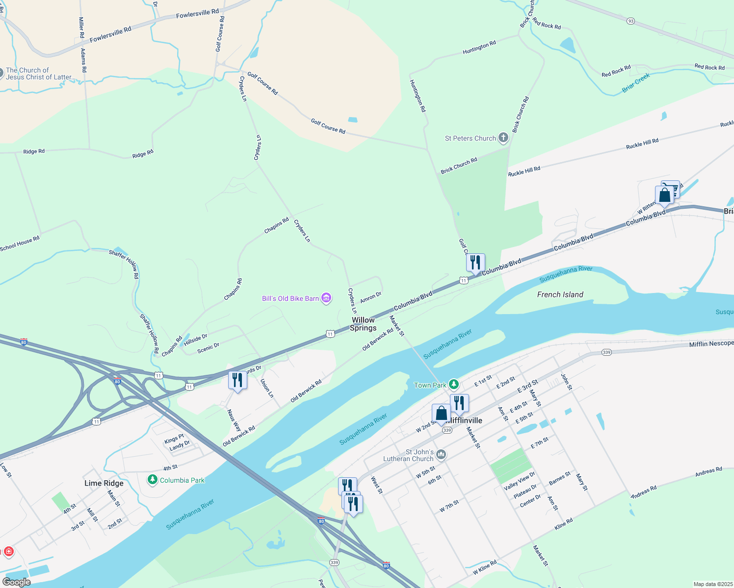 map of restaurants, bars, coffee shops, grocery stores, and more near 45 Amron Drive in Bloomsburg