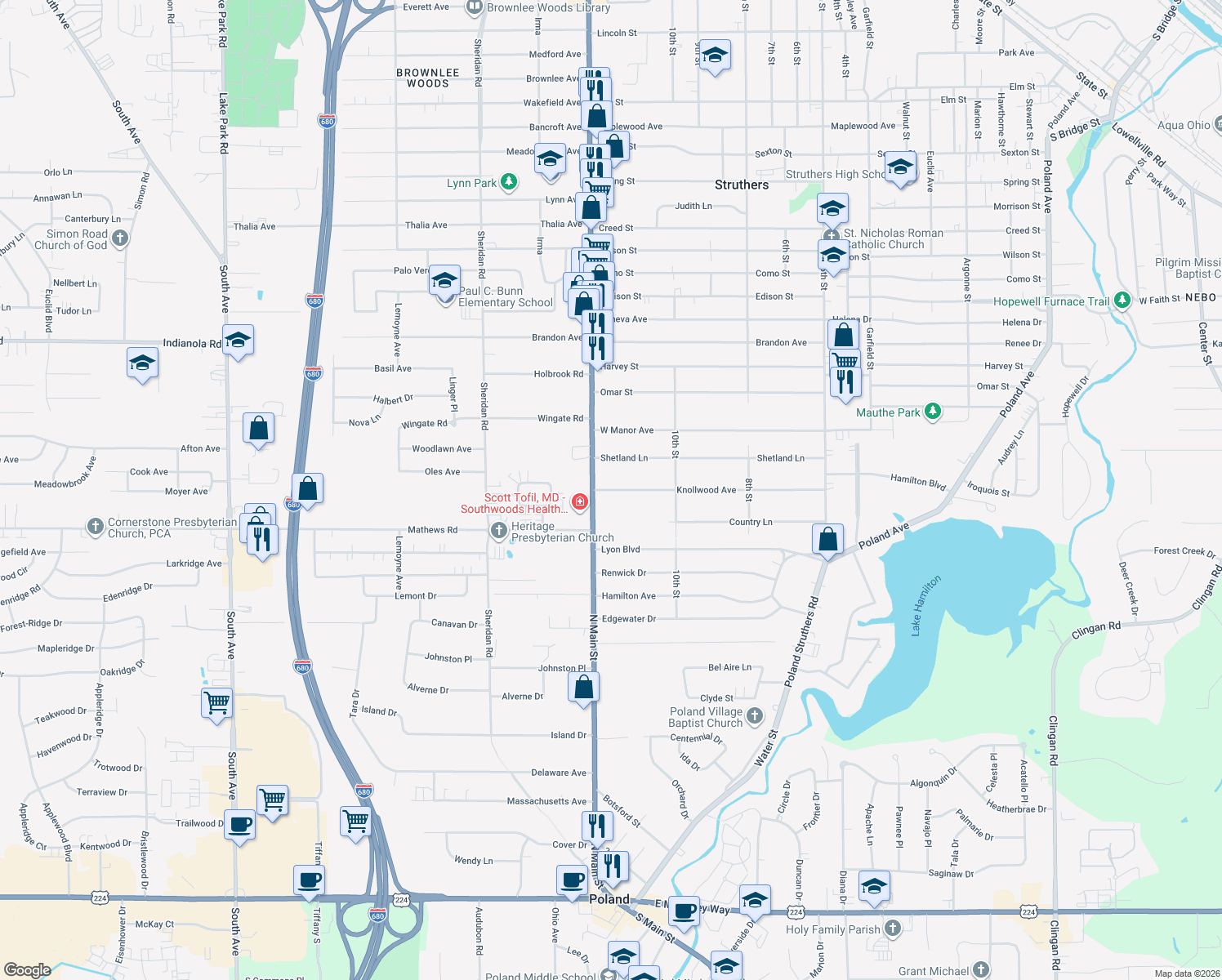 map of restaurants, bars, coffee shops, grocery stores, and more near 2031 Knollwood Avenue in Youngstown