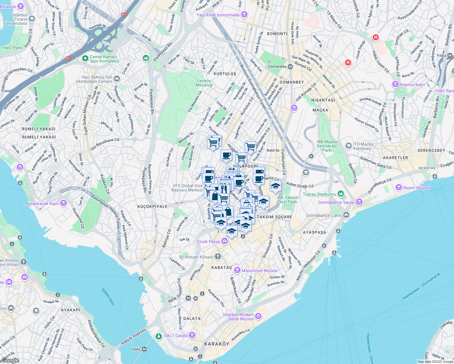 map of restaurants, bars, coffee shops, grocery stores, and more near 2 Can Eriği Sokak in Beyoğlu
