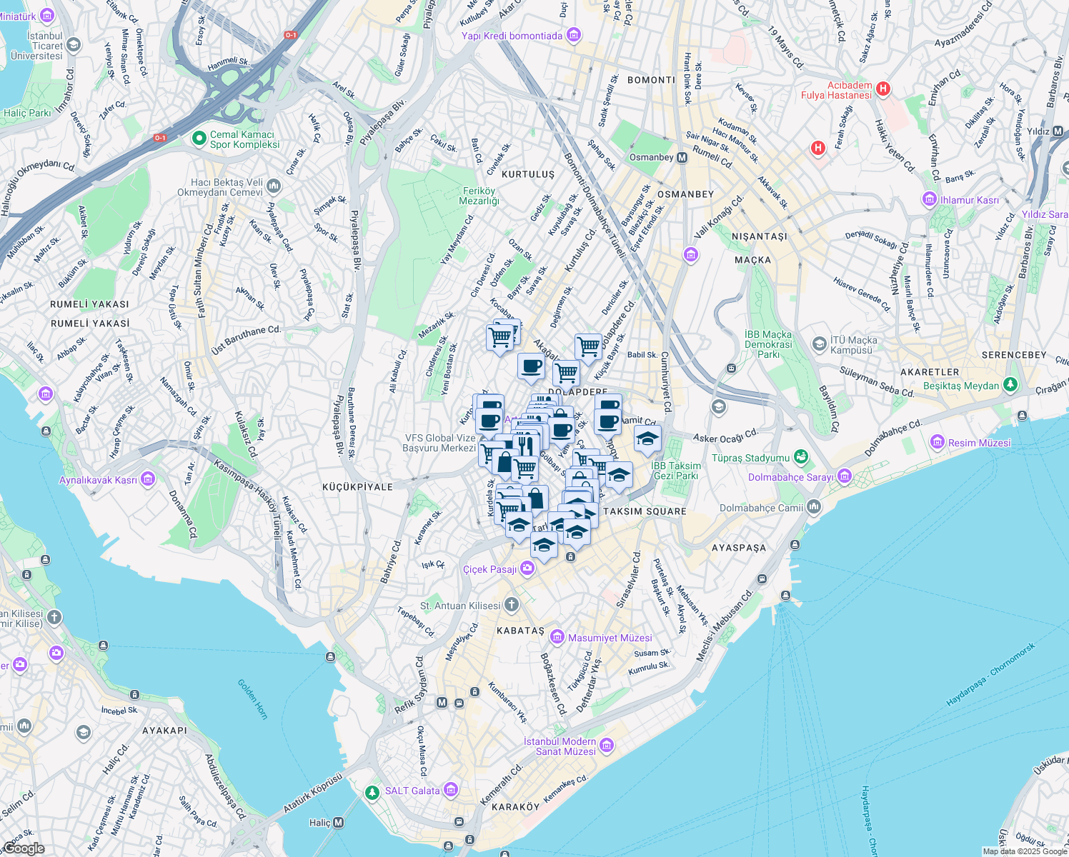 map of restaurants, bars, coffee shops, grocery stores, and more near 2 Can Eriği Sokak in Beyoğlu