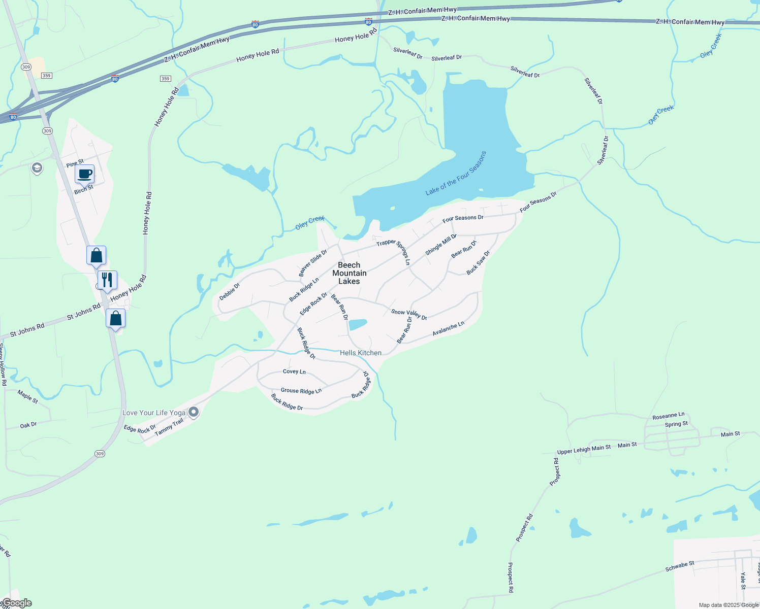 map of restaurants, bars, coffee shops, grocery stores, and more near 231 Snow Valley Drive in Drums