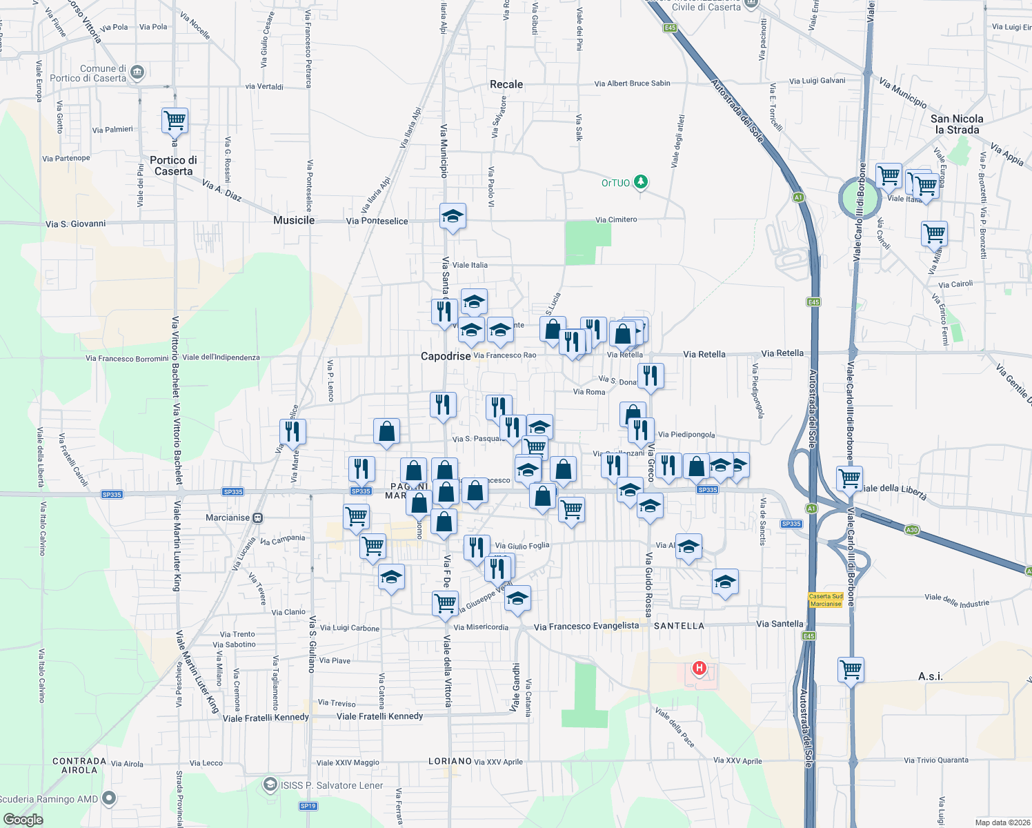 map of restaurants, bars, coffee shops, grocery stores, and more near 7 Via Padre Colombano in Capodrise