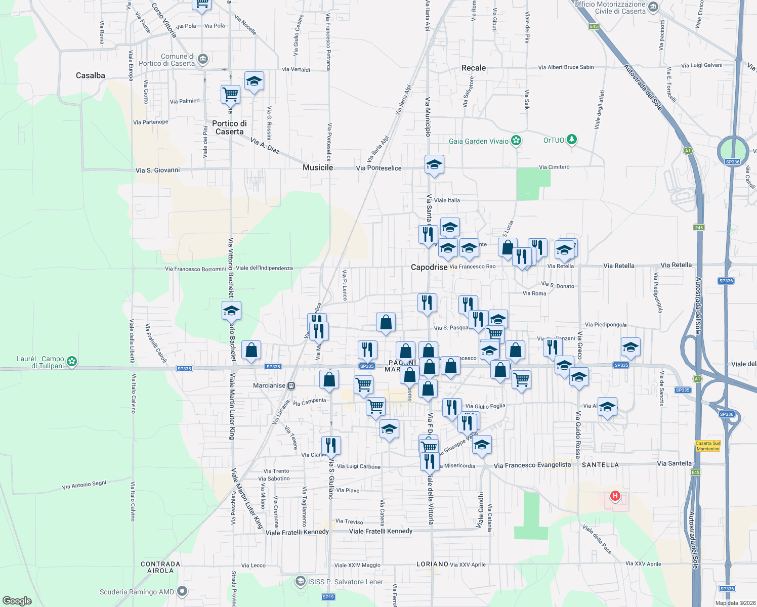map of restaurants, bars, coffee shops, grocery stores, and more near 54 Via Santa Maria degli Angeli in Capodrise