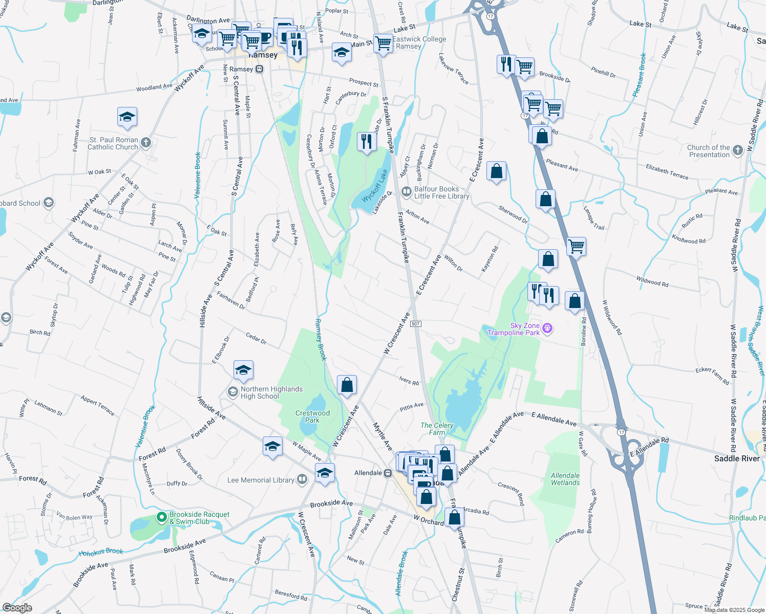 map of restaurants, bars, coffee shops, grocery stores, and more near 56 Heights Rd in Allendale