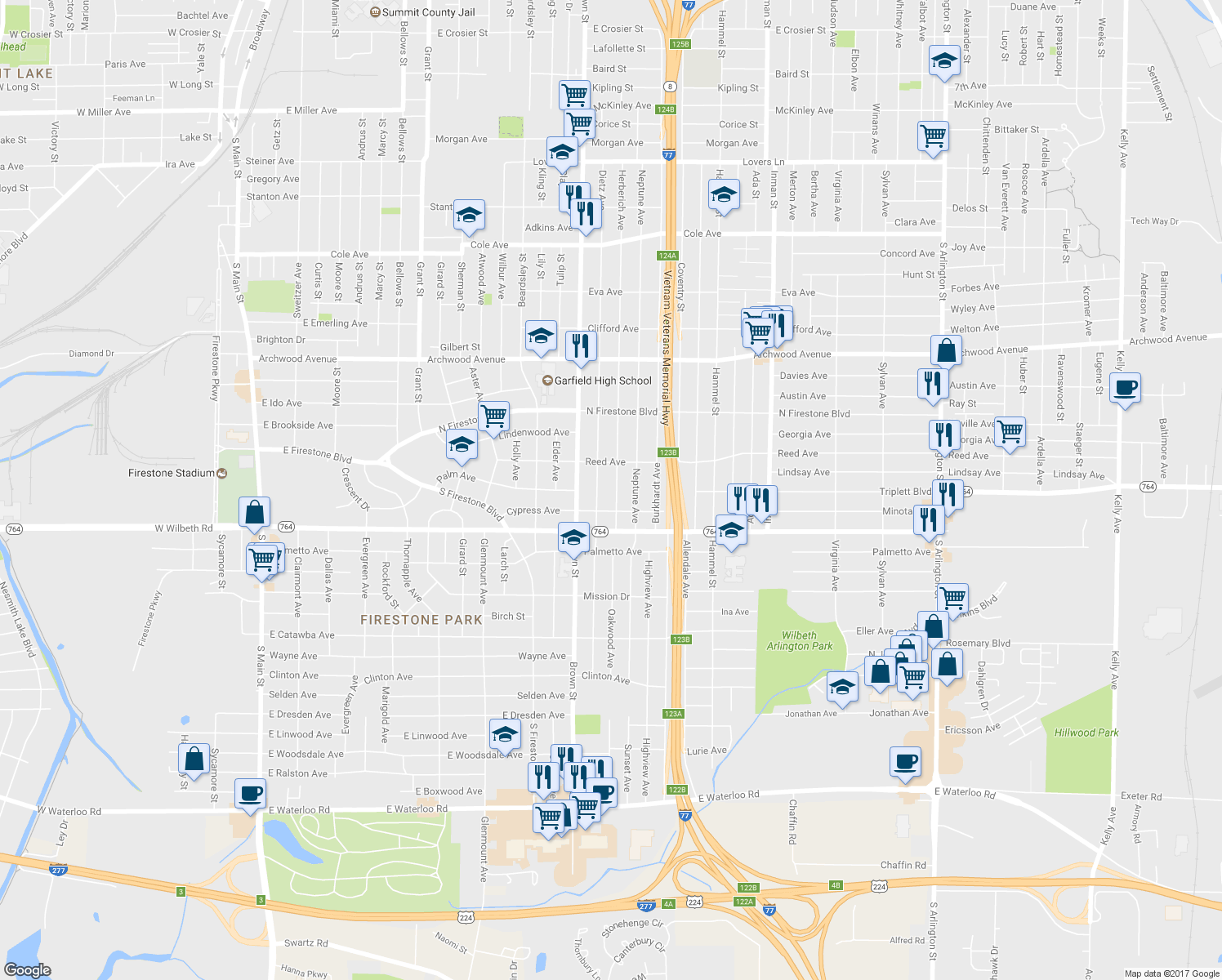 map of restaurants, bars, coffee shops, grocery stores, and more near 1454 Oakwood Ave in Akron