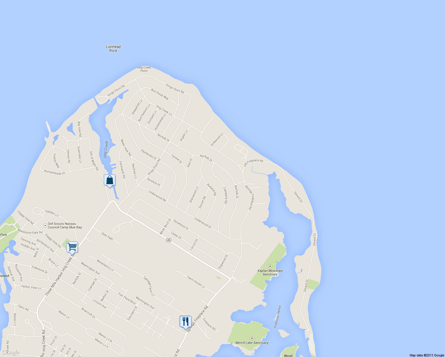 map of restaurants, bars, coffee shops, grocery stores, and more near 87 Camberly Road in East Hampton