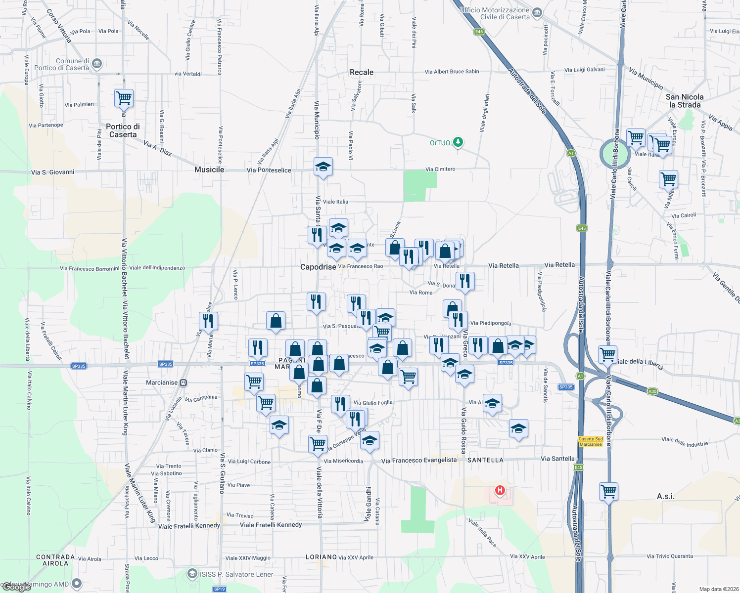 map of restaurants, bars, coffee shops, grocery stores, and more near 7 Via Padre Colombano in Capodrise