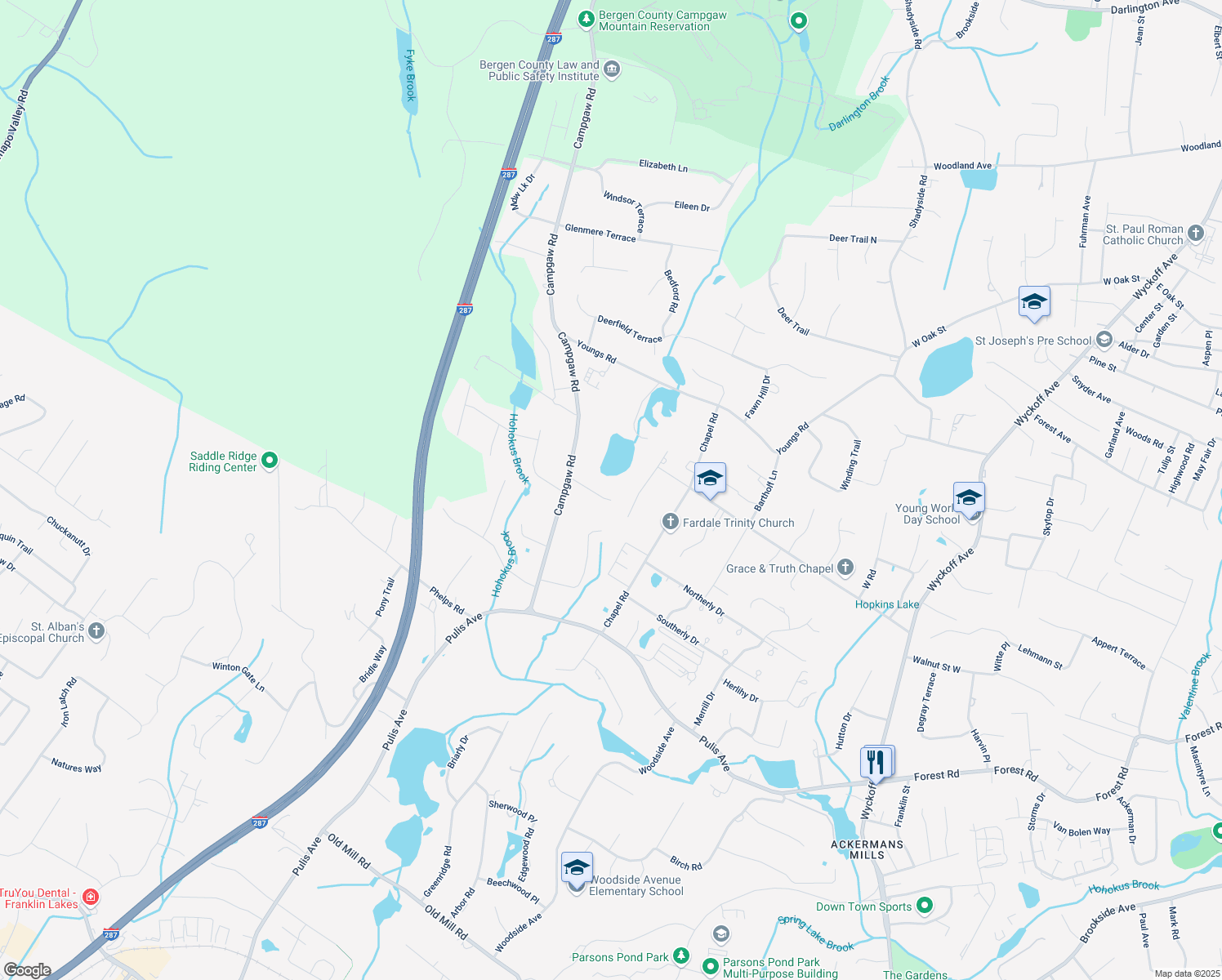 map of restaurants, bars, coffee shops, grocery stores, and more near 29 Pond Lane in Mahwah