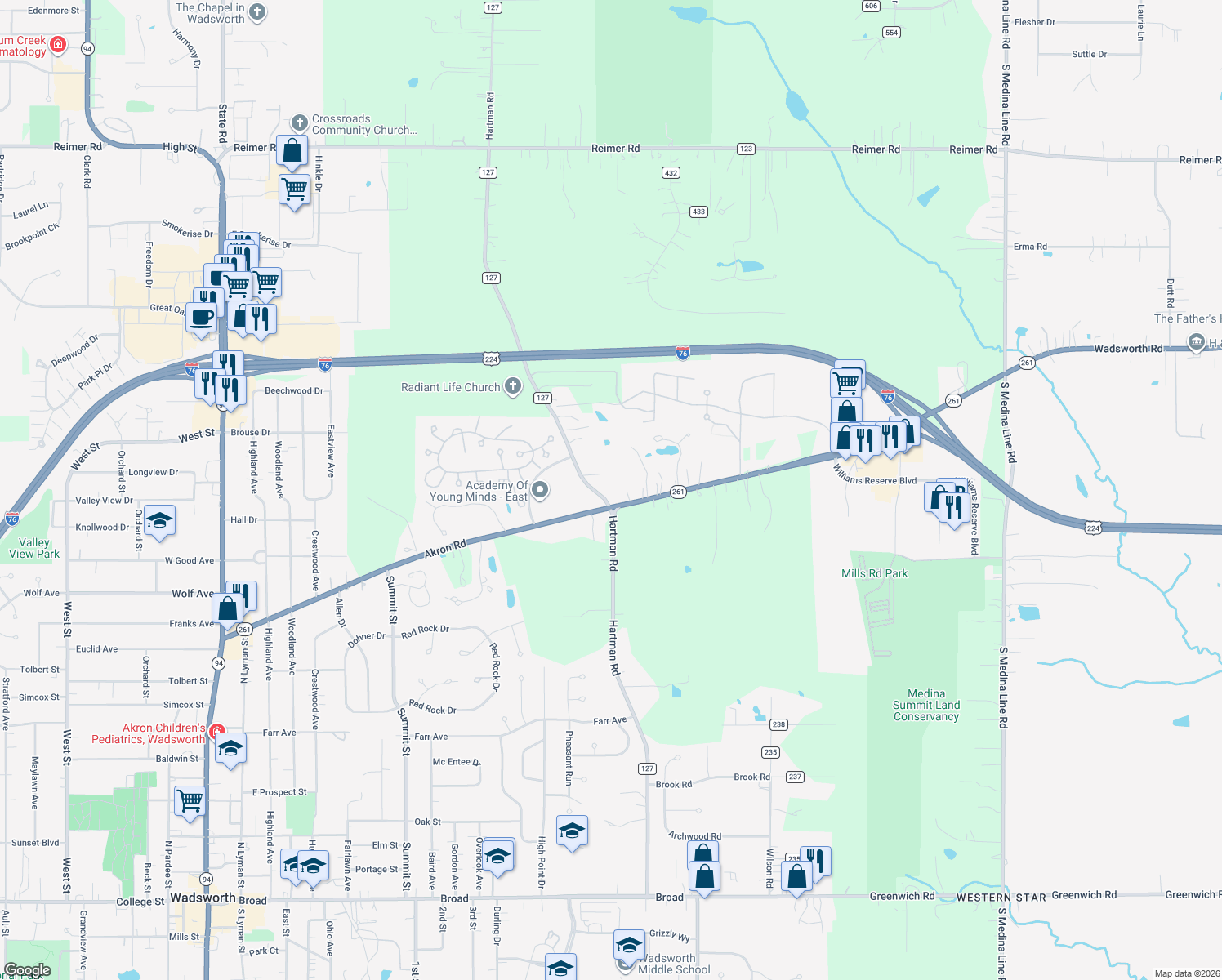 map of restaurants, bars, coffee shops, grocery stores, and more near 684 Akron Road in Wadsworth
