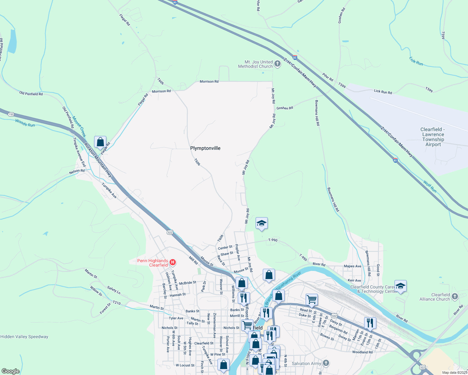 map of restaurants, bars, coffee shops, grocery stores, and more near 93 Flat Bottom Lane in Clearfield
