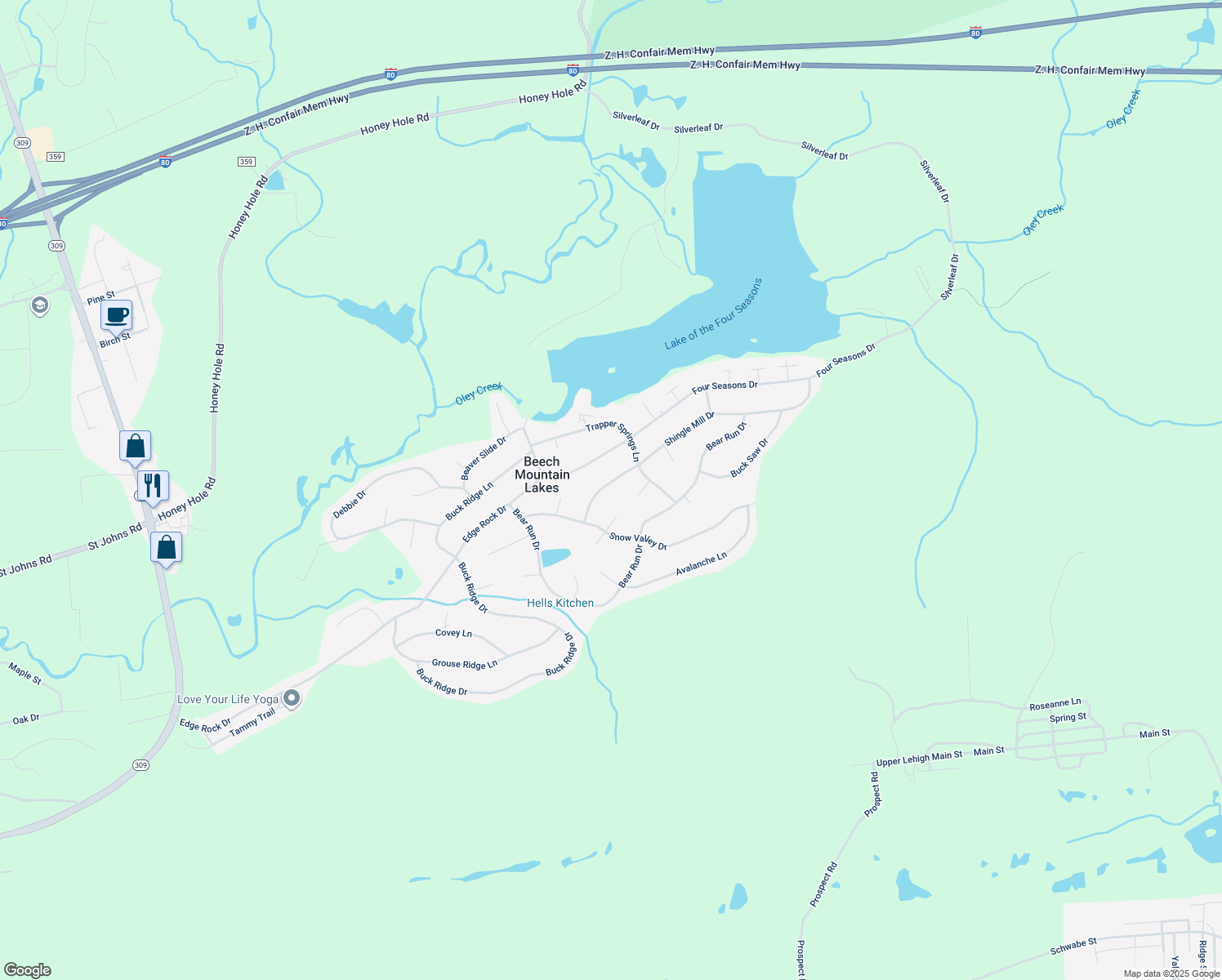 map of restaurants, bars, coffee shops, grocery stores, and more near 215 Shingle Mill Drive in Drums