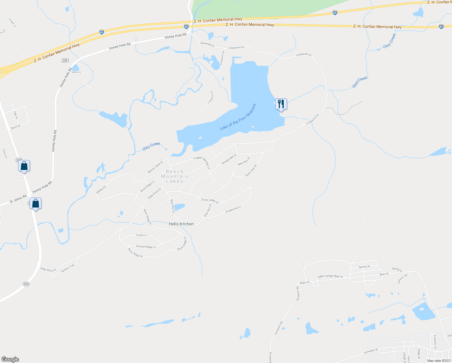 map of restaurants, bars, coffee shops, grocery stores, and more near 244 Bear Run Drive in Drums
