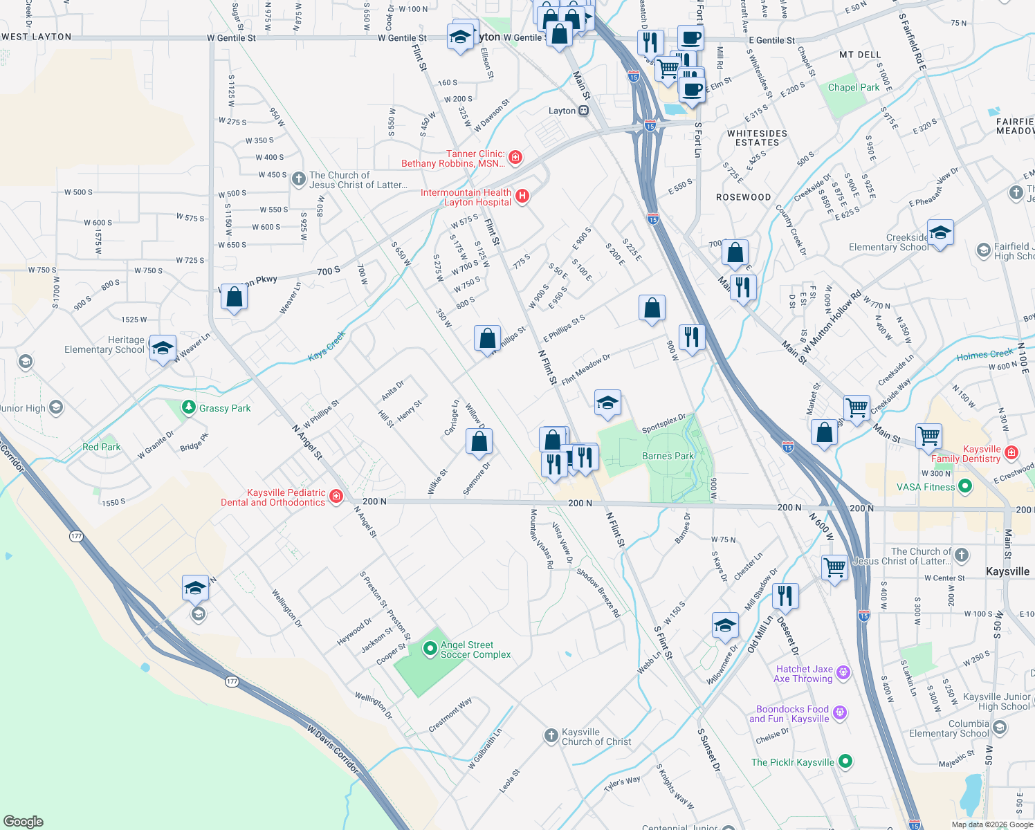 map of restaurants, bars, coffee shops, grocery stores, and more near Pleasant View Drive in Kaysville