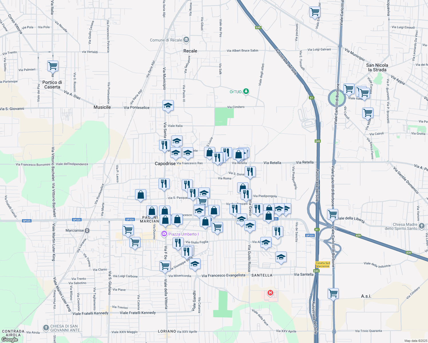 map of restaurants, bars, coffee shops, grocery stores, and more near 5 Via Giuseppe Mazzini in Capodrise