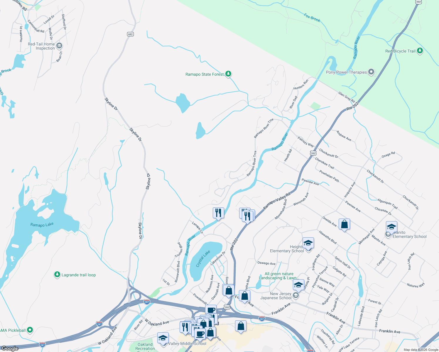 map of restaurants, bars, coffee shops, grocery stores, and more near 7 Winding Ridge in Oakland