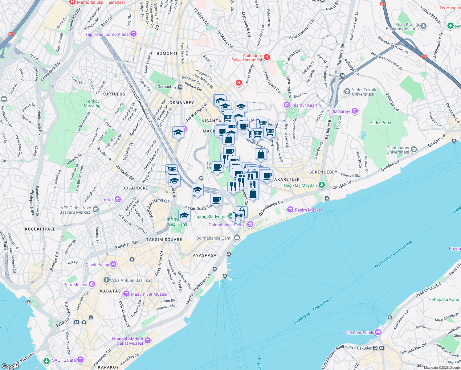 map of restaurants, bars, coffee shops, grocery stores, and more near Maçka Demokrasi Park İçi Yolu in Istanbul
