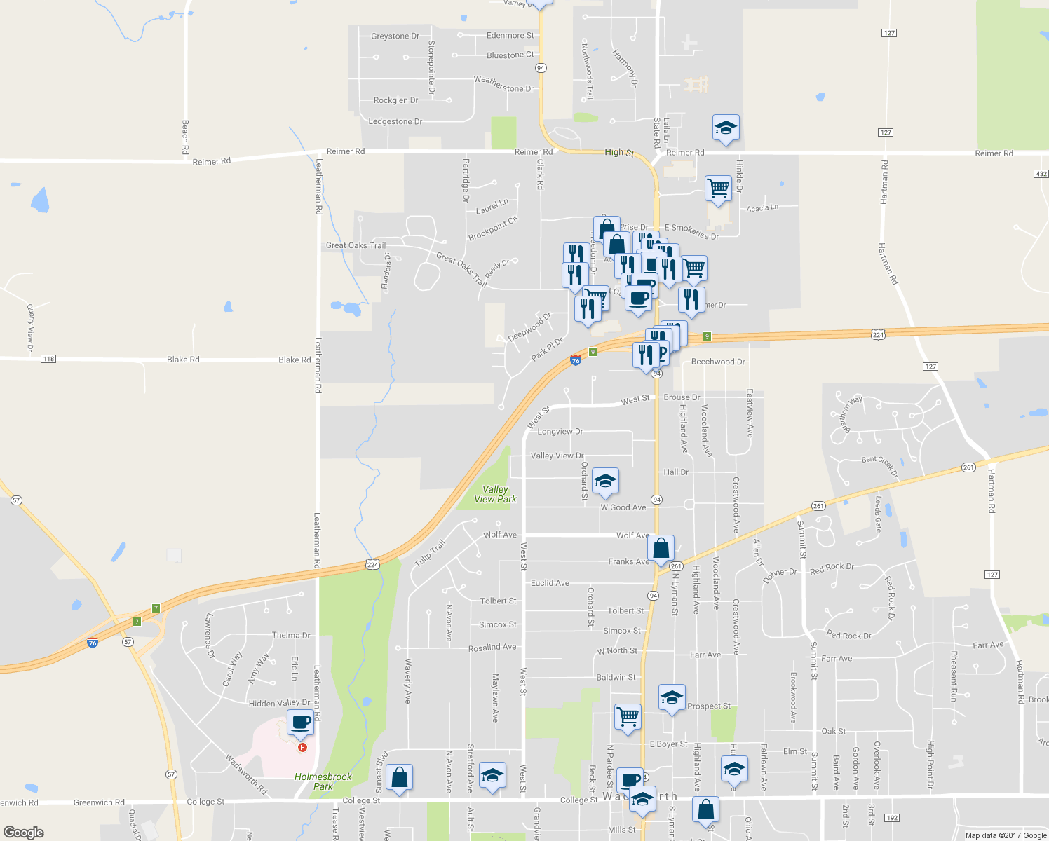 map of restaurants, bars, coffee shops, grocery stores, and more near 728 West Street in Wadsworth