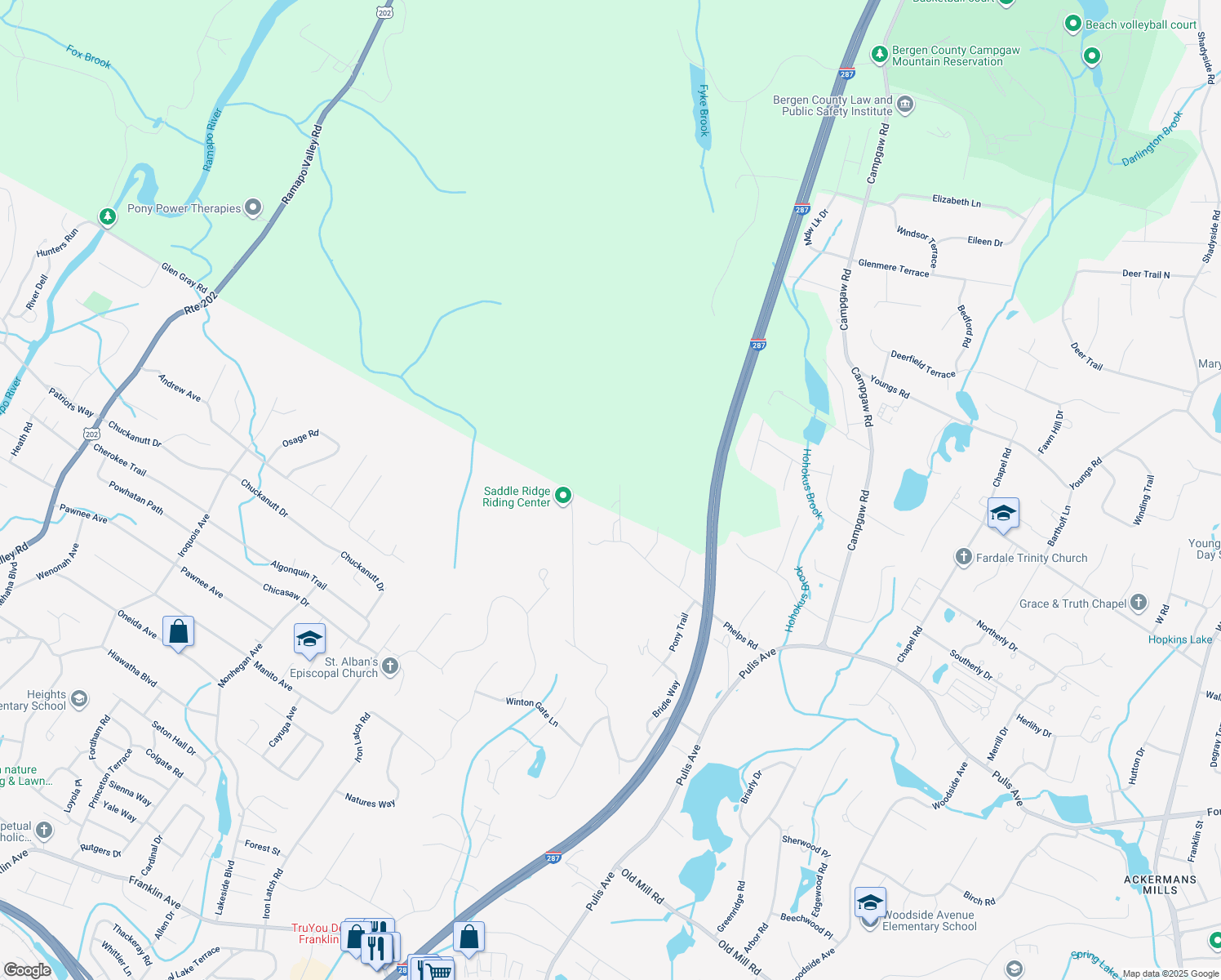 map of restaurants, bars, coffee shops, grocery stores, and more near 318 Rock Ridge Court in Franklin Lakes