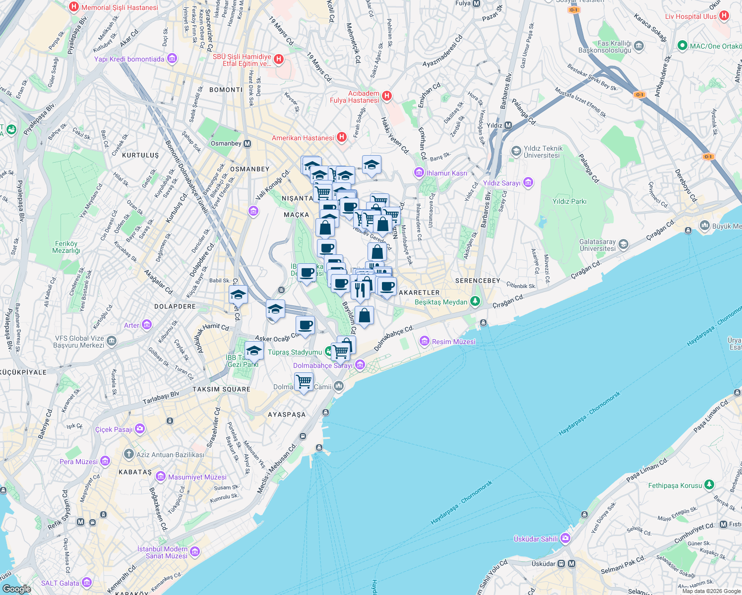 map of restaurants, bars, coffee shops, grocery stores, and more near 81 Süleyman Seba Caddesi in Beşiktaş