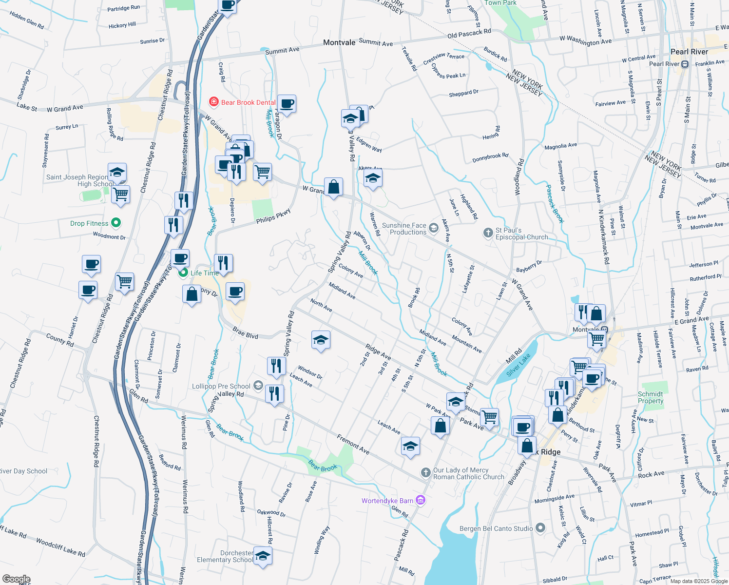 map of restaurants, bars, coffee shops, grocery stores, and more near 131 Mountain Avenue in Park Ridge