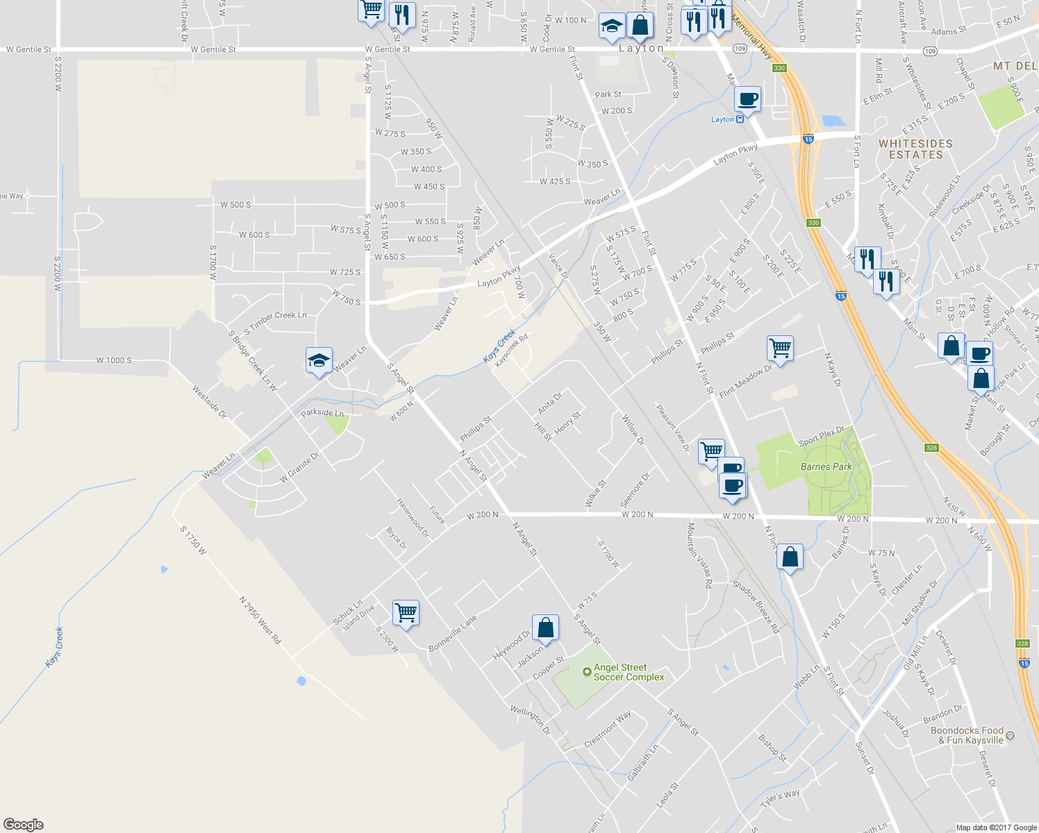 map of restaurants, bars, coffee shops, grocery stores, and more near 2011 Hill Street in Kaysville