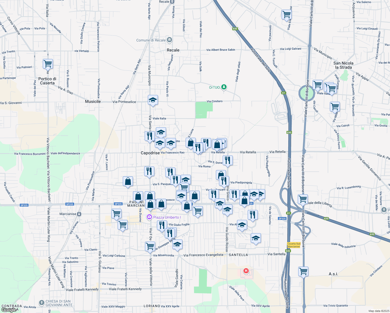 map of restaurants, bars, coffee shops, grocery stores, and more near 5 Via Giuseppe Mazzini in Capodrise
